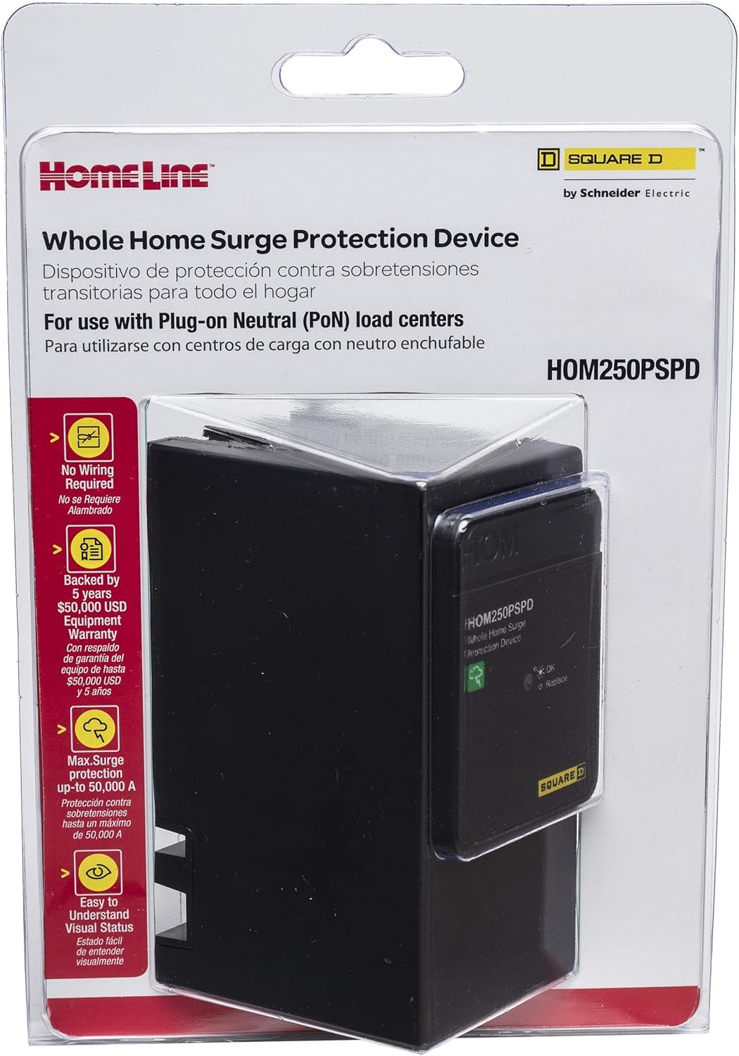 Square D   Hom250Pspd Homeline Whole House Surge Protection Device, 50Ka, 120/240V, 1 Phase, No Wiring, Plug On Neutral
