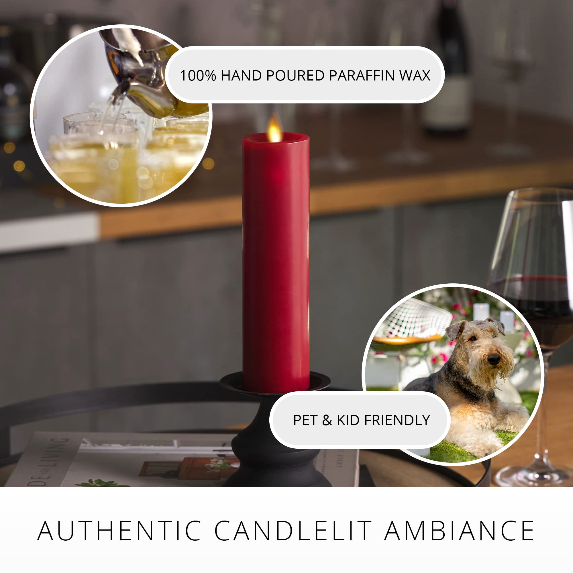 Luminara Flameless Classic Slim Burgundy Pillar Moving Flame Candle  Led Battery Operated Lights   Unscented   Remote Ready (8 I