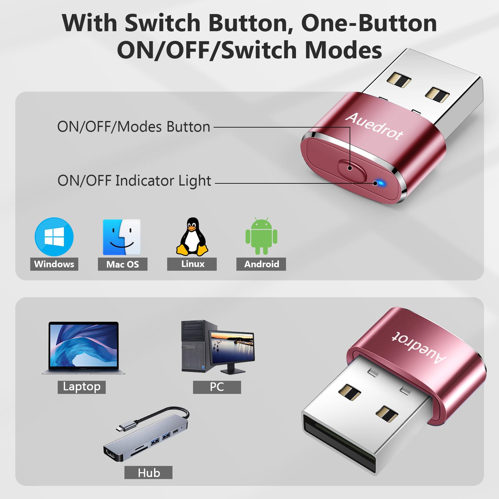 Auedrot Mouse Jiggler Undetectable Metal Usb Mouse Mover With Switch Button, Automatic Mini Mouse Shaker With 2 Jiggle Modes, Pl