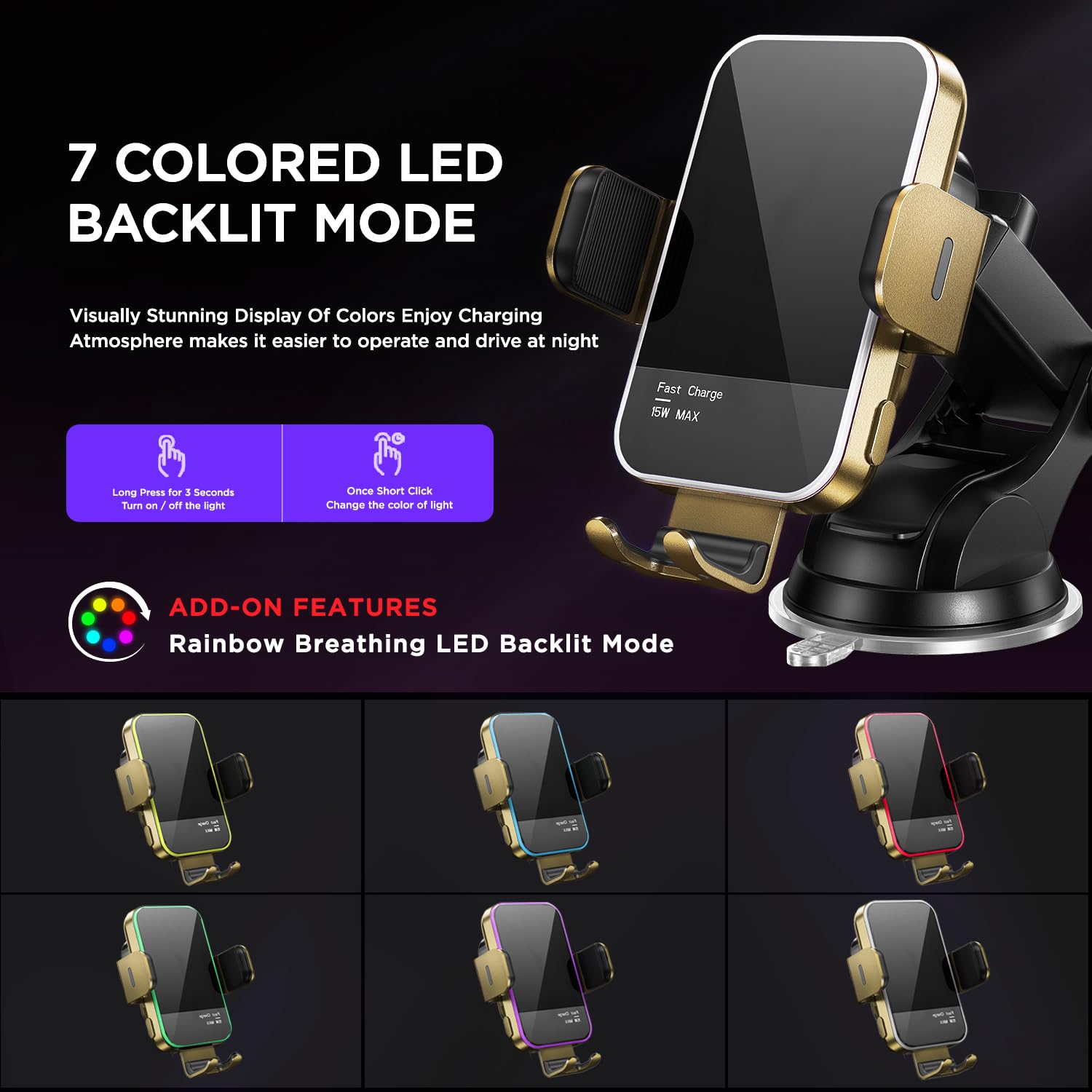 Wireless Car Charger,?7 Colored Rgb Backlit? 15W Auto Clamping Phone Holders For Your Car For Iphone 16 15 14 13 12 Mini Pro Max