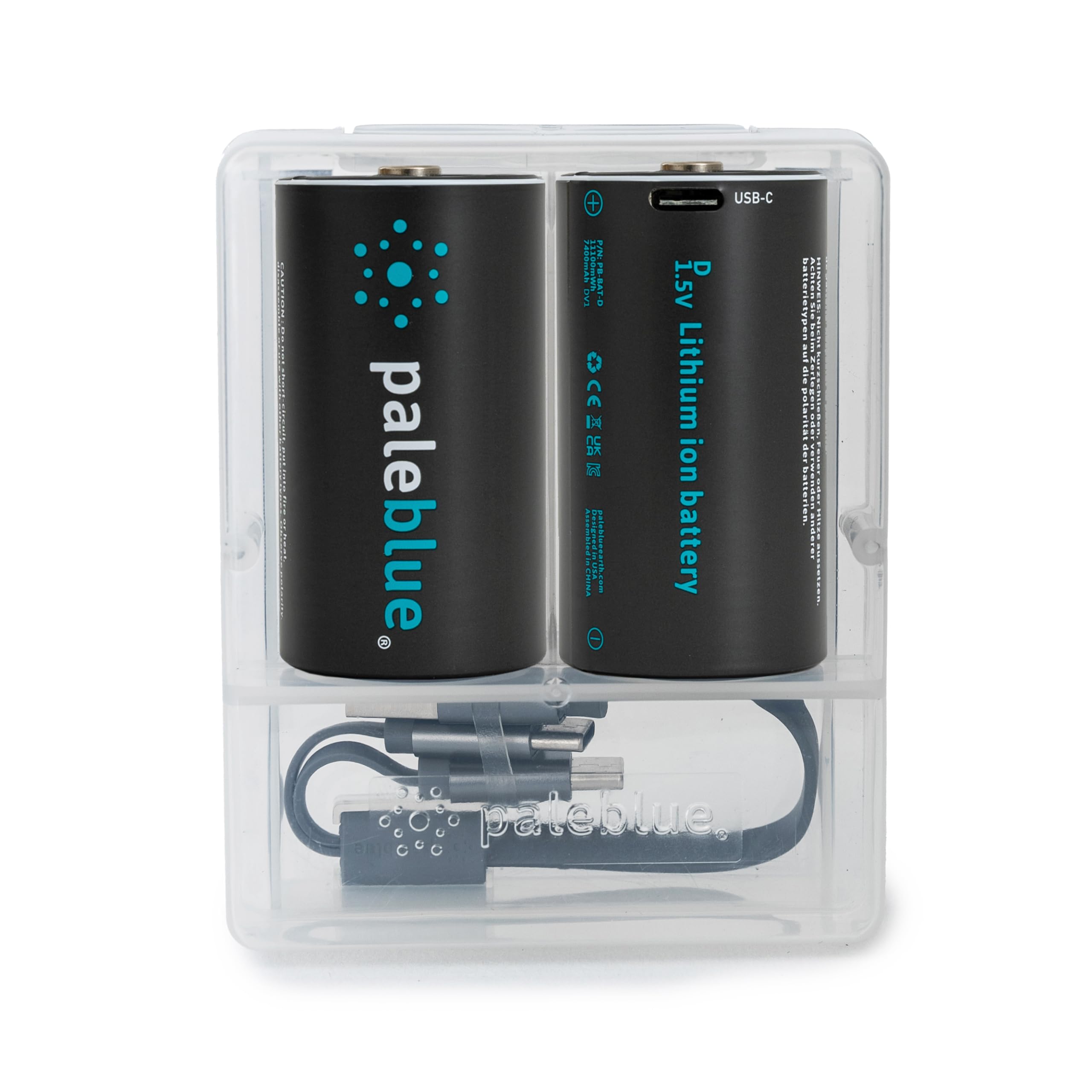 Rechargeable D Batteries with USB Charger by Pale Blue, Lithium Ion 1.5v 5000 mAh, Charges Under 3.25 Hours, Over 1000 Cycles, 2