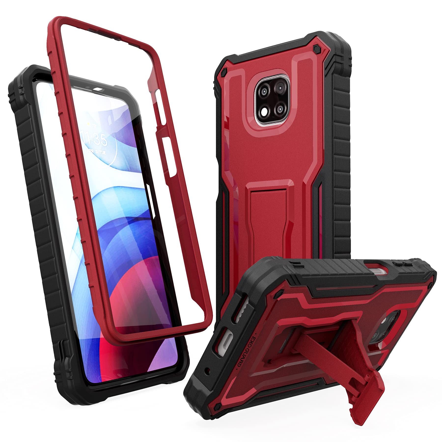 Exoguard For Moto  G  Power 2021 Case, Rubber Shockproof Full Body Cover Case Built In Screen Protector And Kickstand (Red)