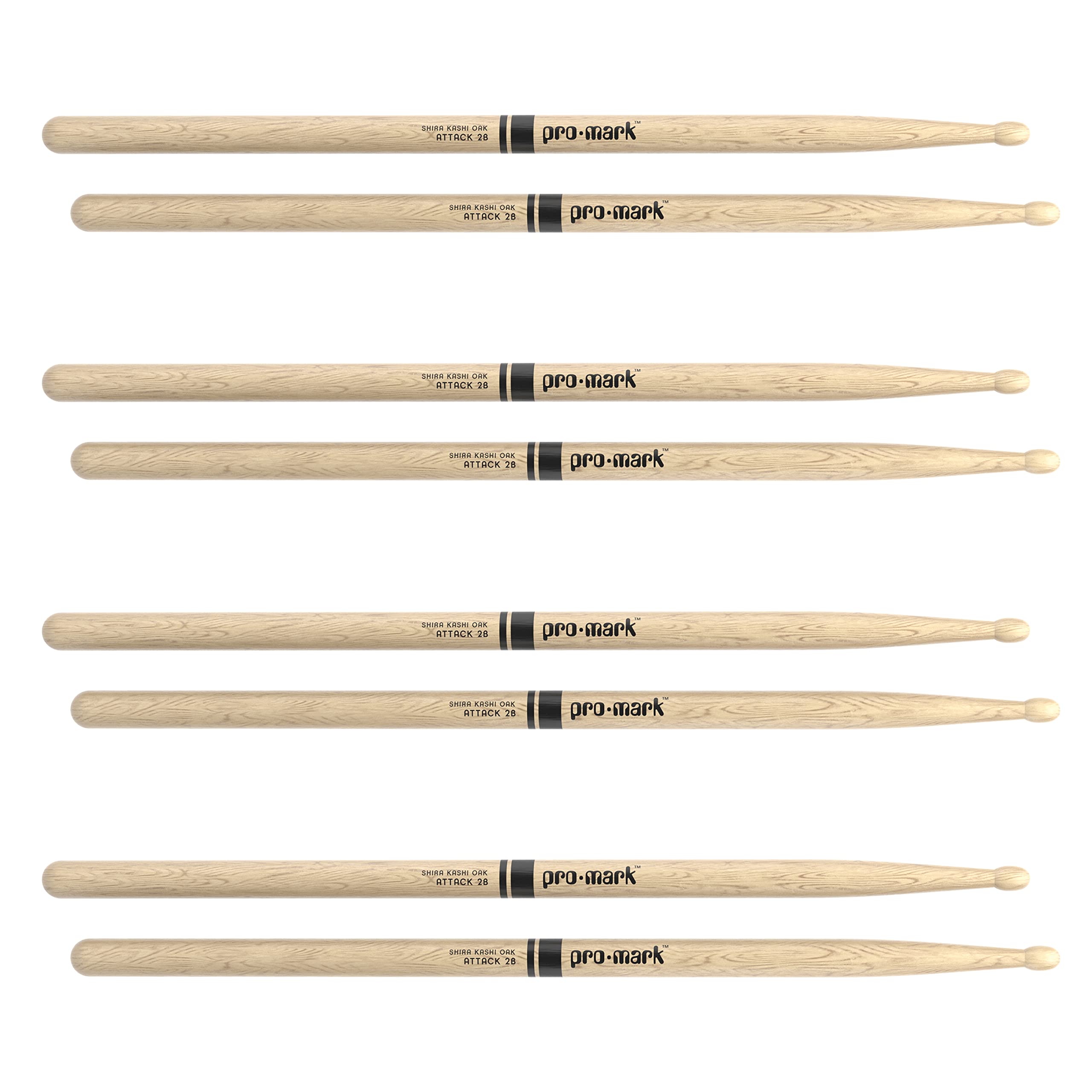 Promark Classic Attack 2B Shira Kashi Oak Drumsticks, Oval Wood Tip, Buy 3 Pairs Get 1 Free