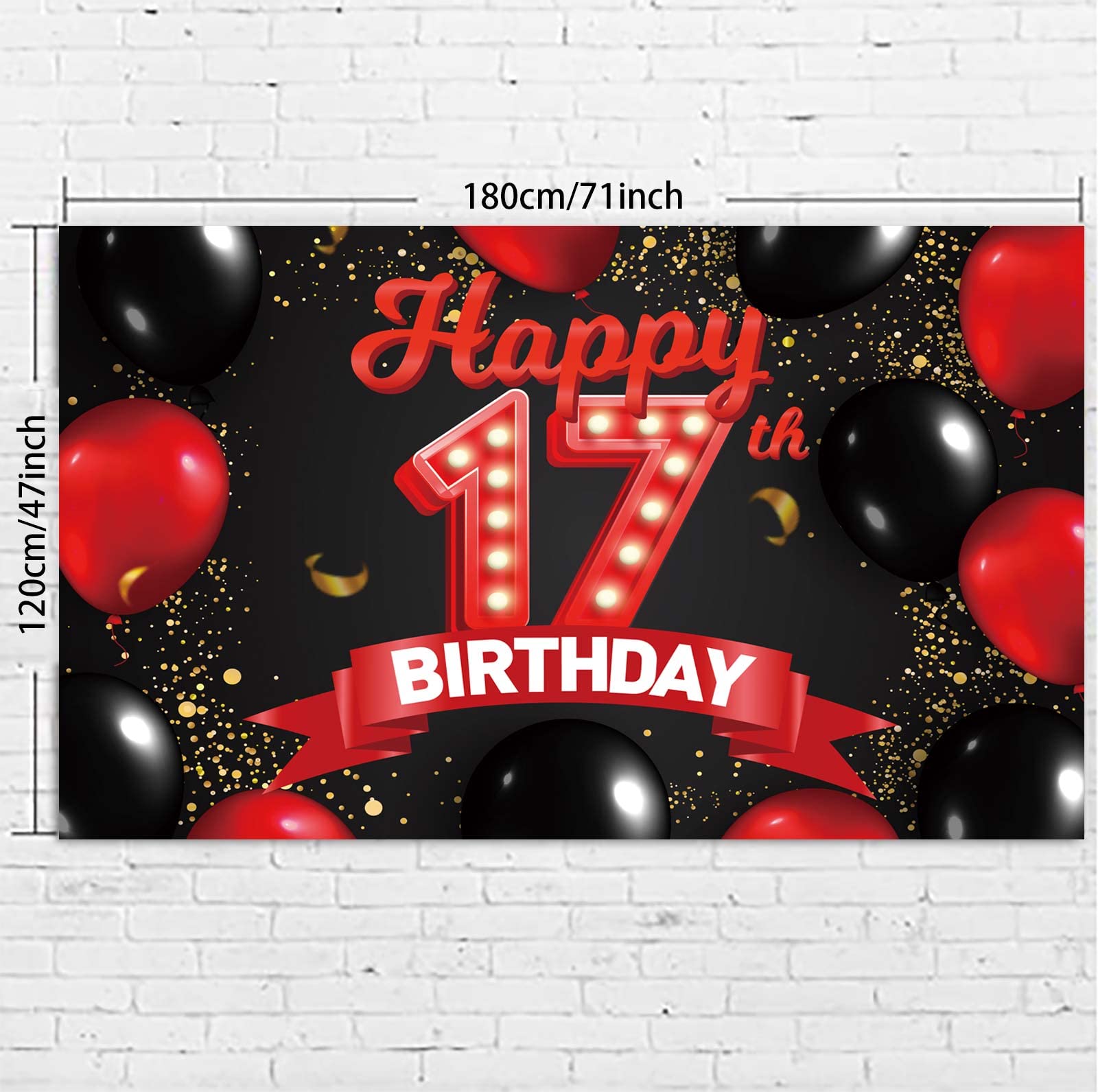 Happy 17Th Birthday Red And Black Banner Backdrop Decorations Balloons Theme Decor For Girls Women Princess 17 Years Old Birthda