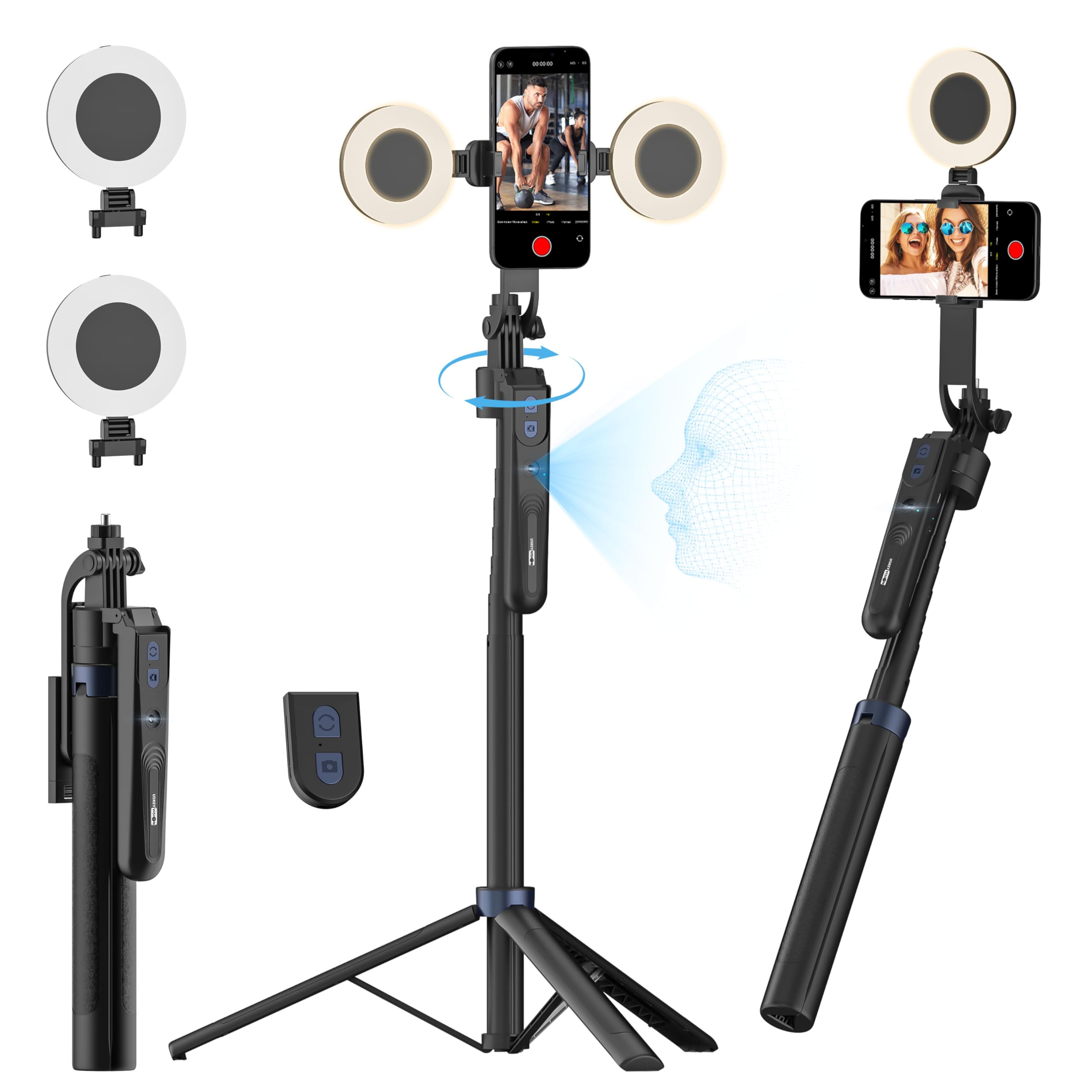 USKEYVISION Auto Face Tracking Tripod 360 Rotation,Phone Tripod for iPhone w/Fill Light,Selfie Stick for iPhone w/Remote Control