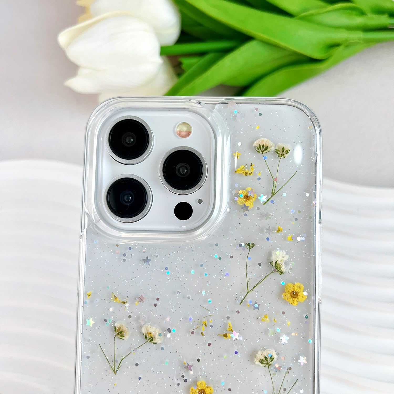 Lseeka For Iphone 14 Pro Max Clear Case With Pressed Real Flowers Design,Glitter Cute Yellow Floral Pattern Slim Soft Tpu Protec