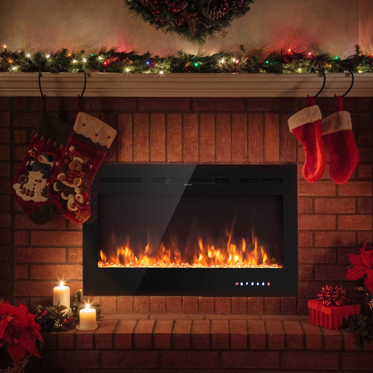 Tangkula 40 Inches Electric Fireplace Insert With Thermostat, In Wall Recessed And Wall Mounted 1500 W Faux Fireplace, Touch Scr