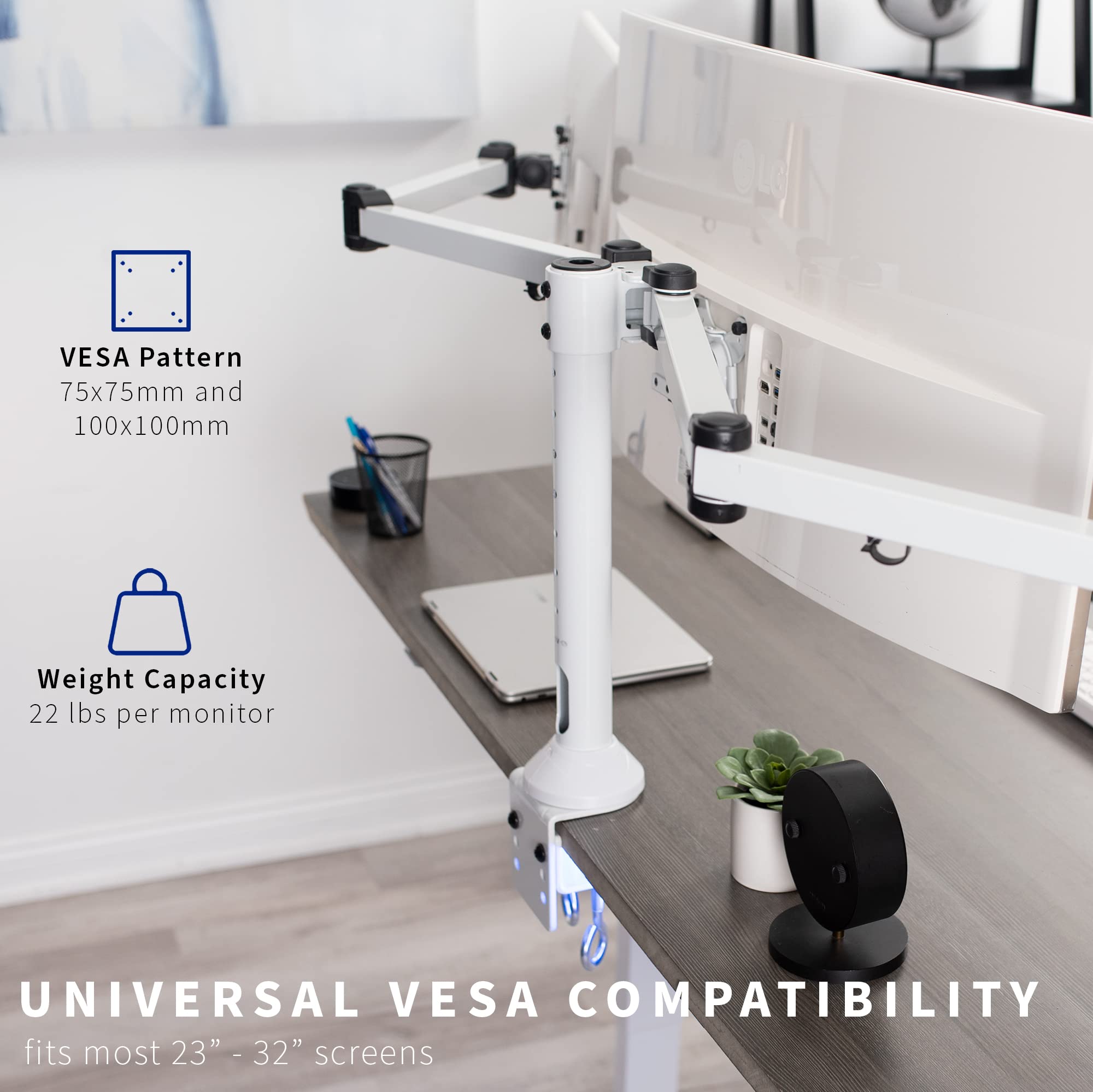 VIVO Triple Monitor 23 to 32 inch LED LCD Clamp on Desk Mount, Heavy Duty Articulating VESA Computer Stand, Holds 3 Screens, Fully Adjustable for Home Office Workstation, White, STAND V103W