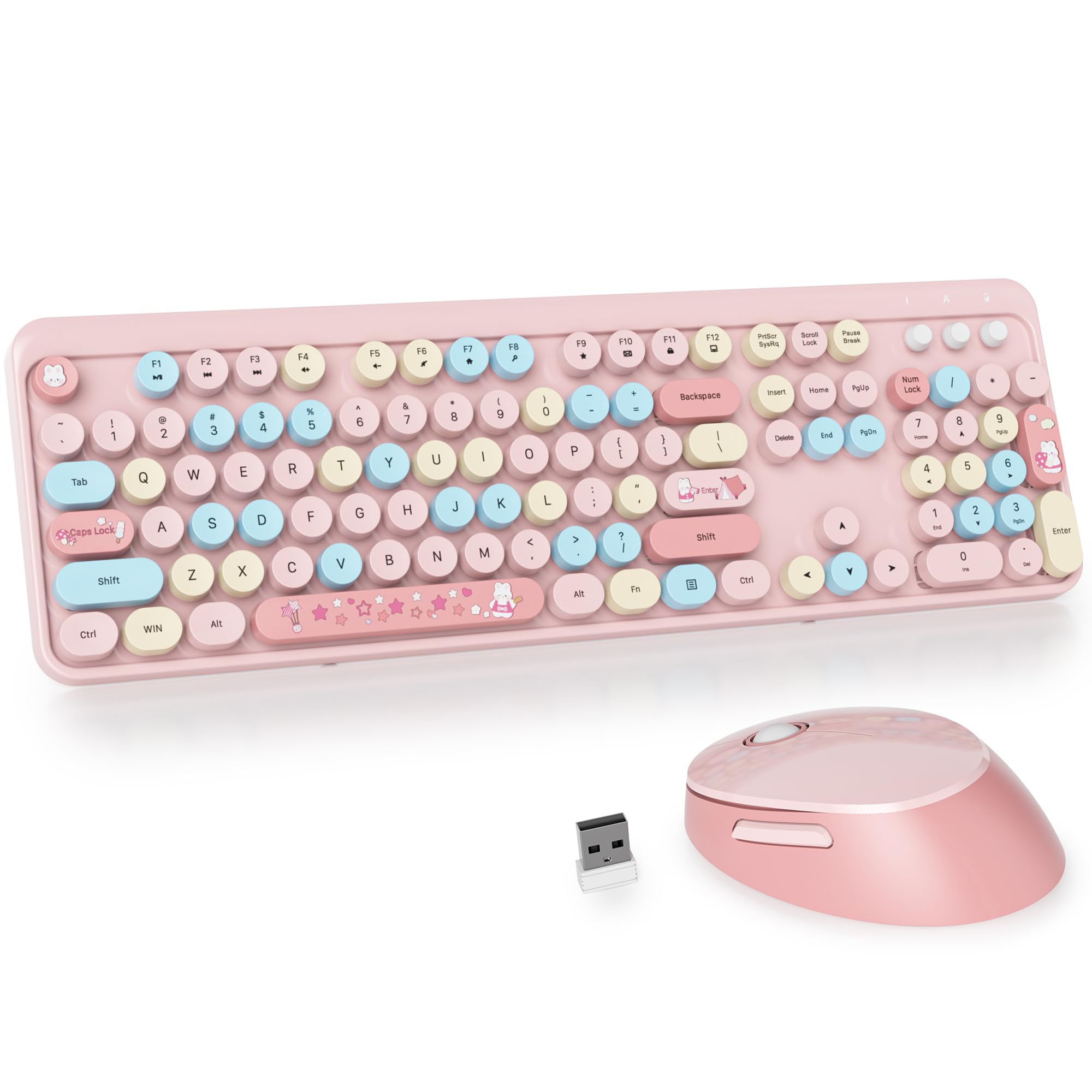 Gtsp Typewriter Pink Keyboard And Mouse Wireless, Full Size Colorful Cute Office Keyboard 2.4Ghz With Number Pad For Desktop Lap