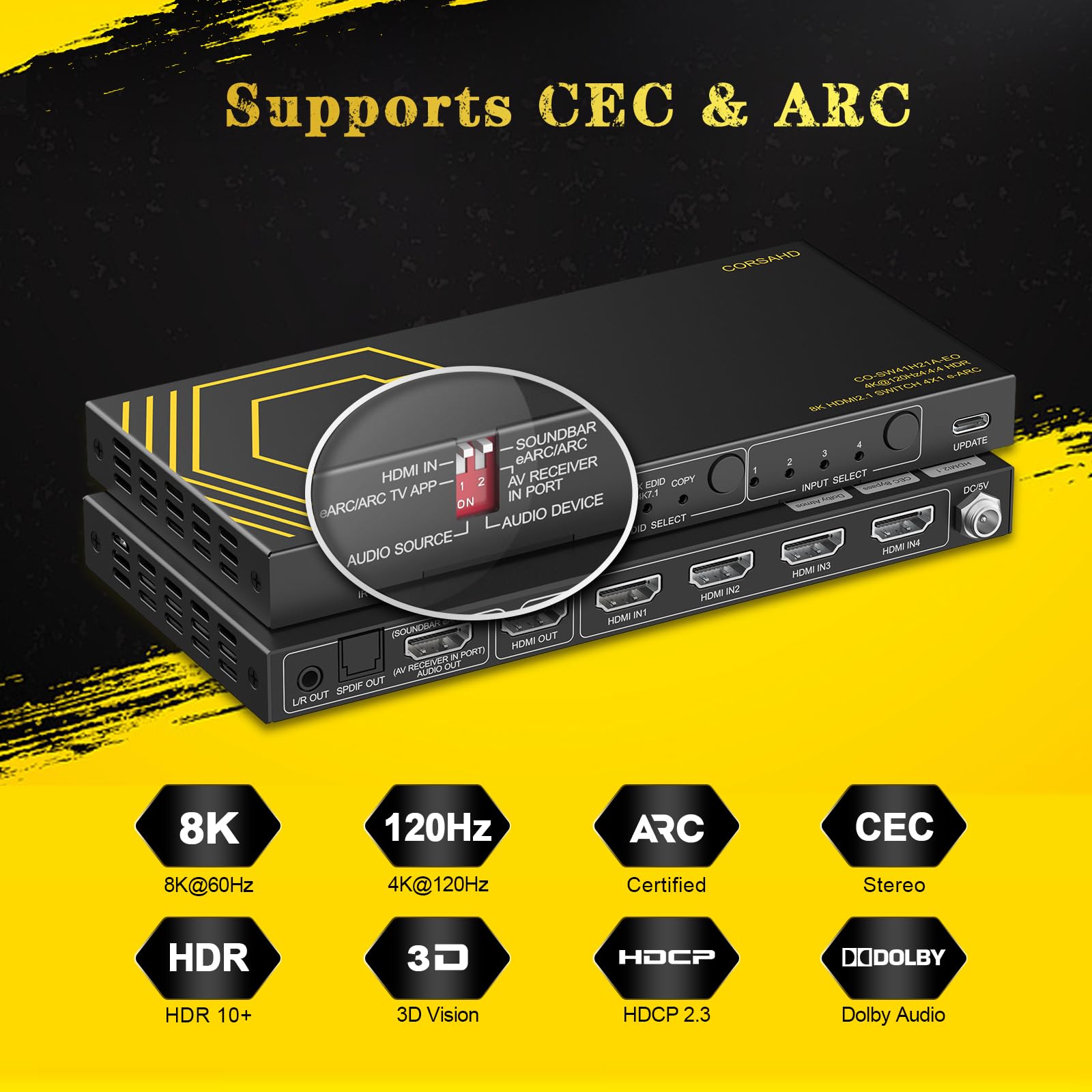 8K@60Hz 4K@120Hz Hdmi2.1 Switch 4 In 1 Out With Audio Extractor Earc,Arc,7.1Ch,Spdif 5.1Ch,48Gbps,Hdcp2.3 Bypass,Vrr,Ir,3D,Hdr 1