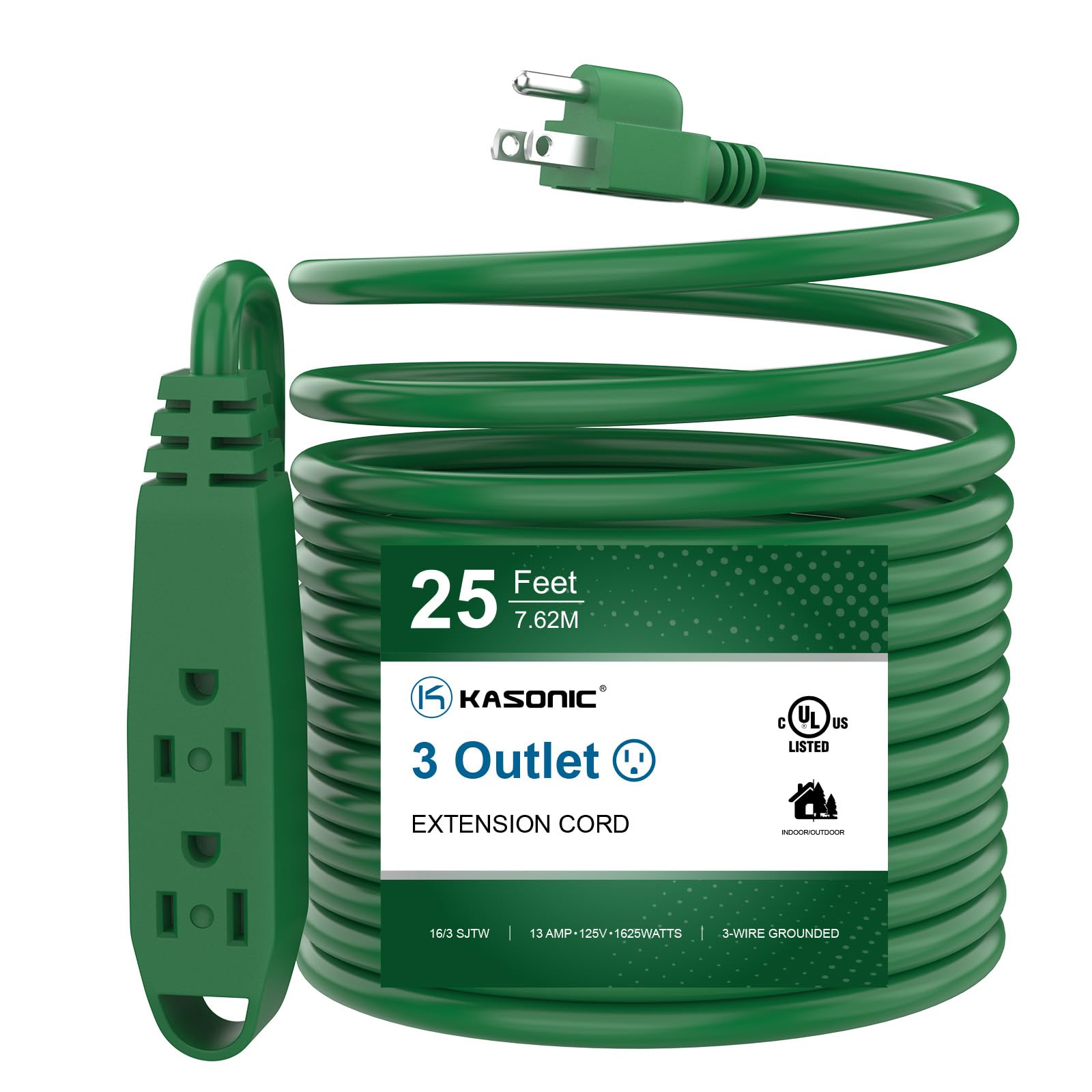 K Kasonic   25 Feet 3 Outlet Extension Cord, Ul Listed, 16/3 Sjtw 3 Wire Grounded, 13 Amp 125 V 1625 Watts, Multi Outlet Indoor/