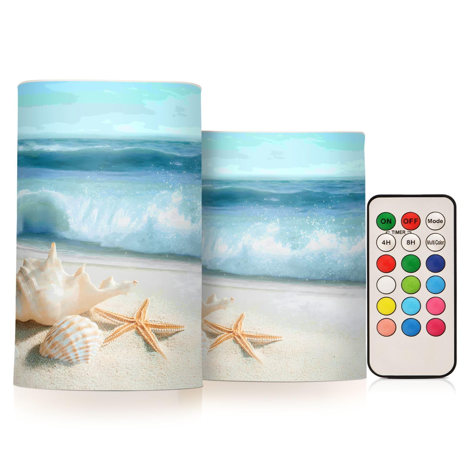 BOENLE Flickering Flameless Candles, Shells Summer Sandy Beach LED Candles with Remote Timer, Set of 2 Battery Operated Candle f