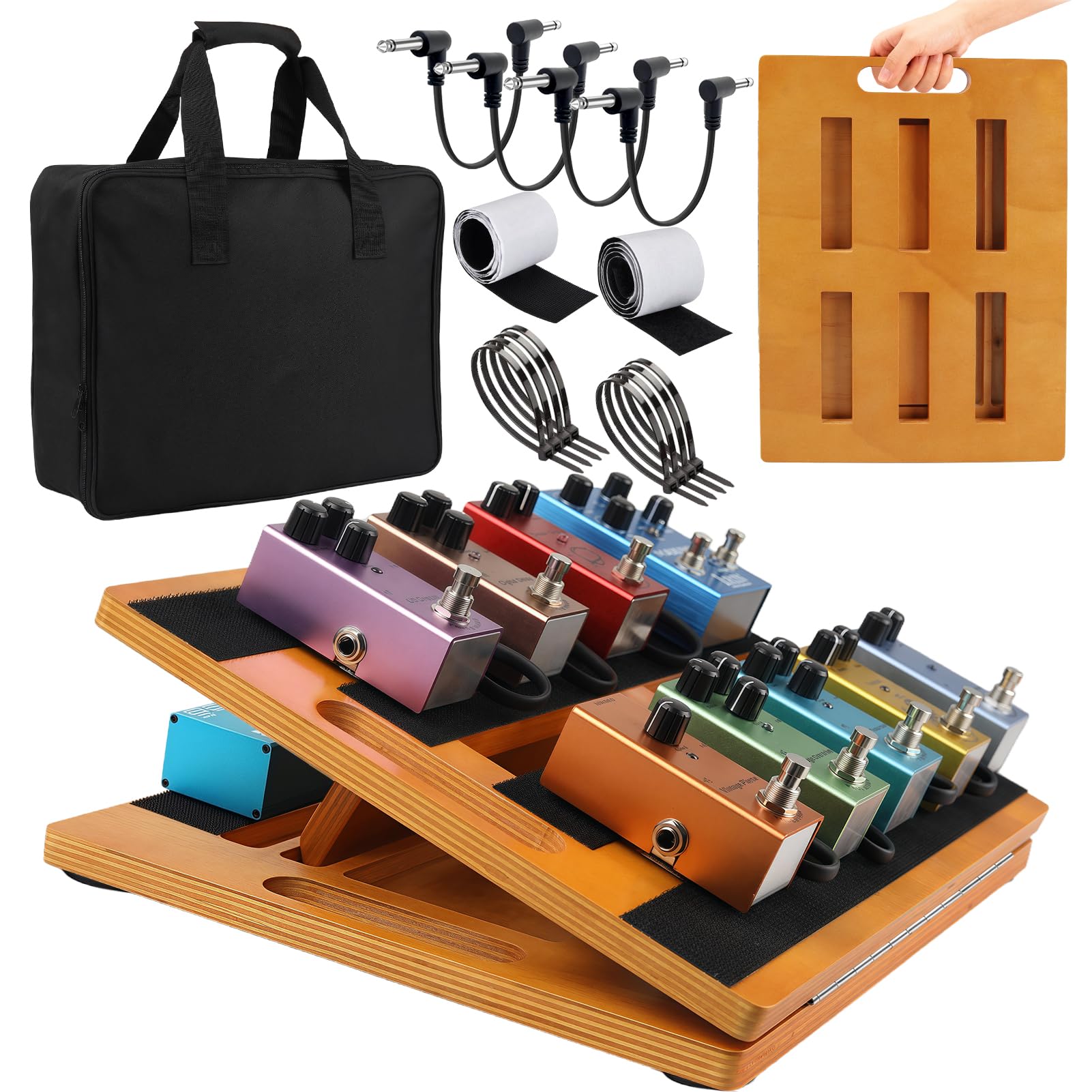 GOGHOST Wooden Guitar Pedal Board 15.75 x 11.8, Foldable Pedalboard 2-Level Adjustable Height Lightweight Pedal Stand, with 4 Pc