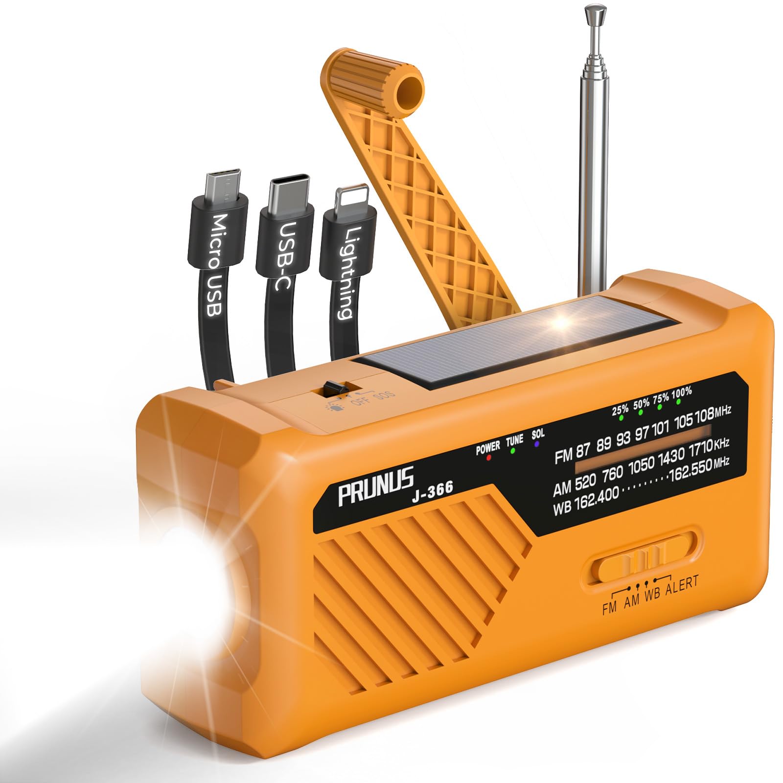 PRUNUS J-366 Emergency Radio- NOAA Weather Alert, 3-in-1 Charging Cables, 5-Way Power(7400mWh/AAA Battery/Hand Crank/Solar/USB-C