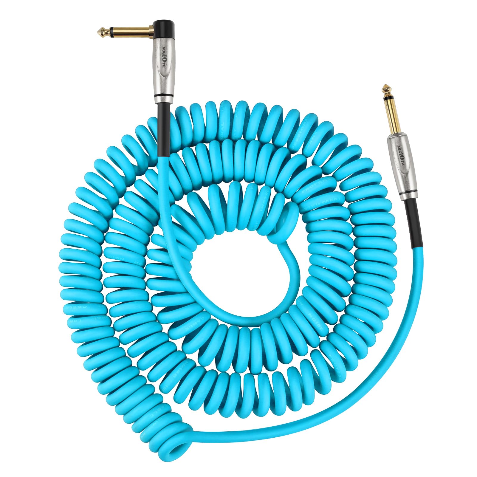 Augioth Curly Guitar Cable 30ft, Coil Electric Instrument Guitar Bass Cord AMP Lead 1/4 Straight to Angled Light Blue