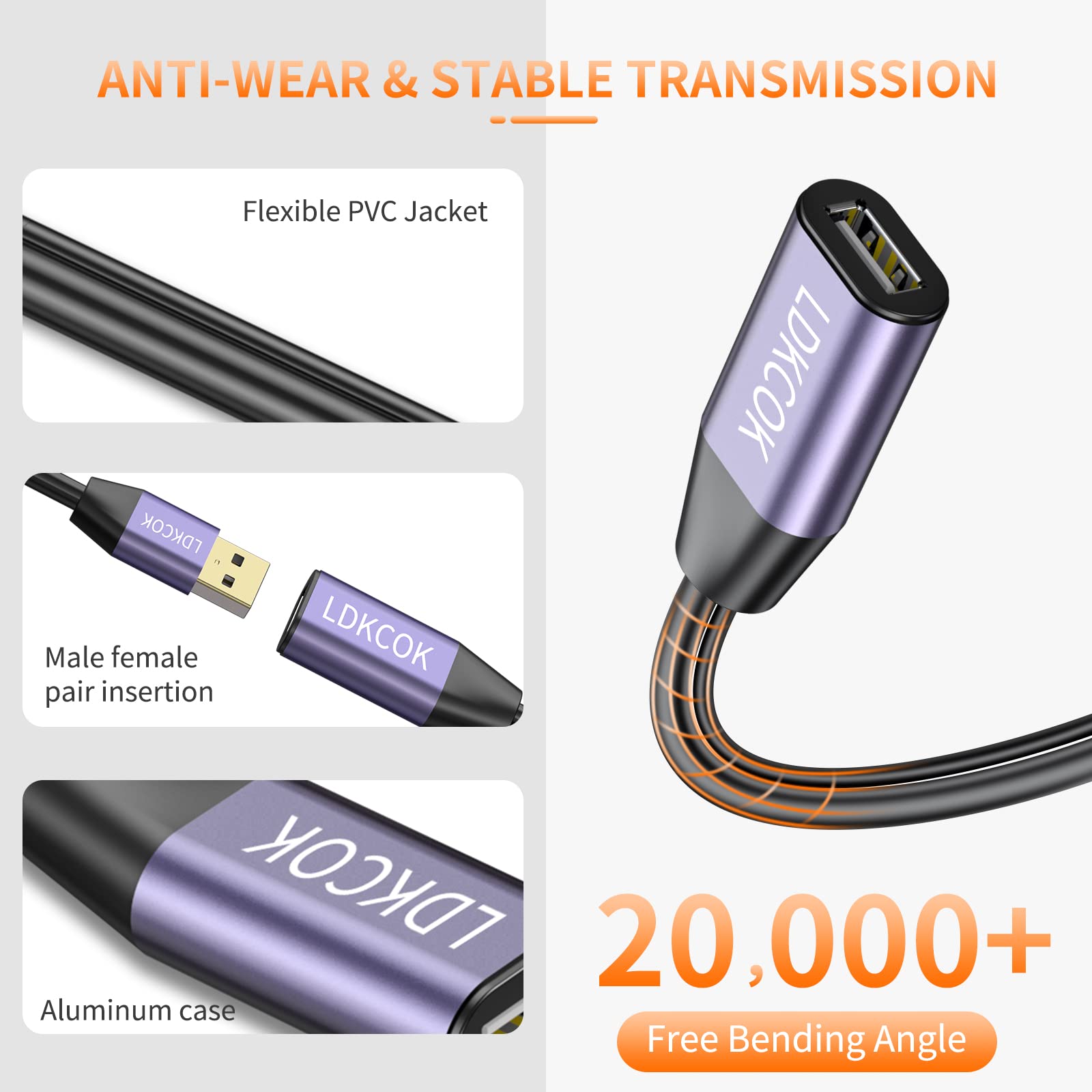 Ldkcok Usb 2.0 Type A Male To A Female Active Repeater Extension Cable 50Ft, High Speed 480 Mbps