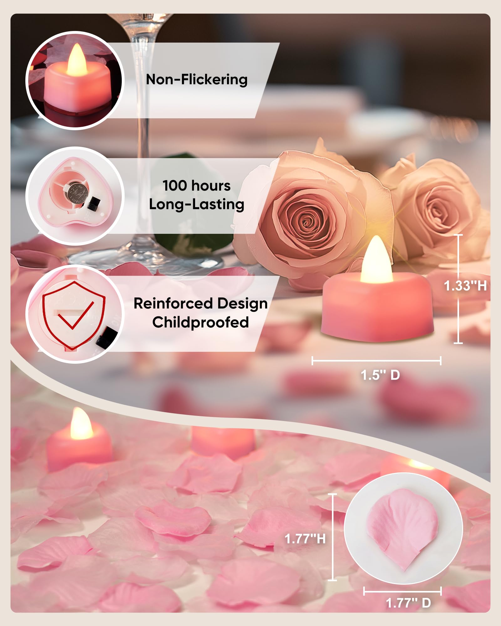 Amagic 4000 Pieces Pink Artificial Rose Petals With 50 Pink Heart Led Tea Lights, Rose Petals And Candles Set For Proposal, Anni