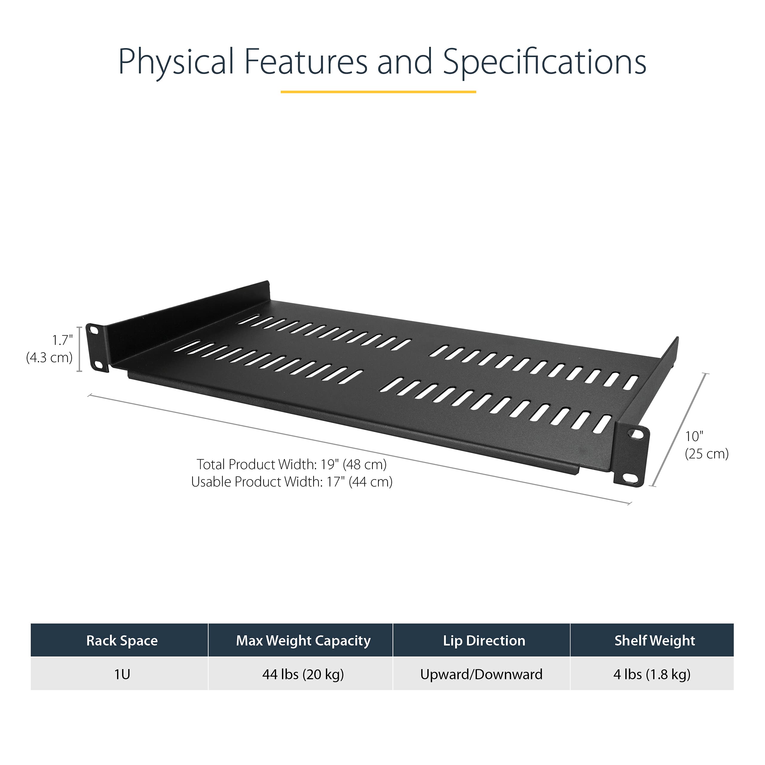 Startech.Com 1U Server Rack Shelf - Vented Rack Mount Cantilever Tray For 19 Network Rack & Cabinet, 44Lb/20Kg, 10 Deep