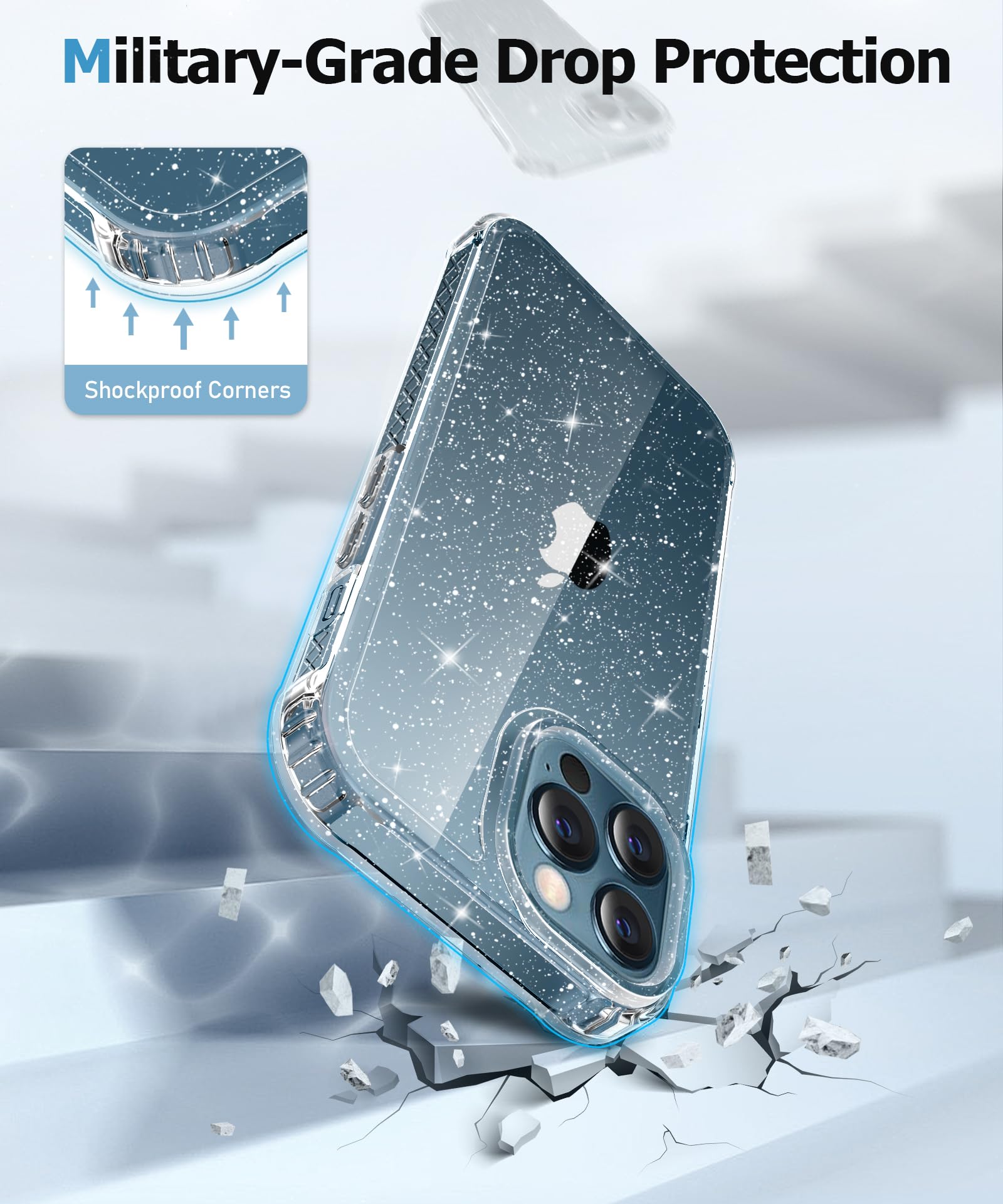 Mtvoox For Iphone 12 Pro Max Case With Screen Protector + Camera Lens Protector, [Non Yellowing] Clear Glitter Phone Case, Shock