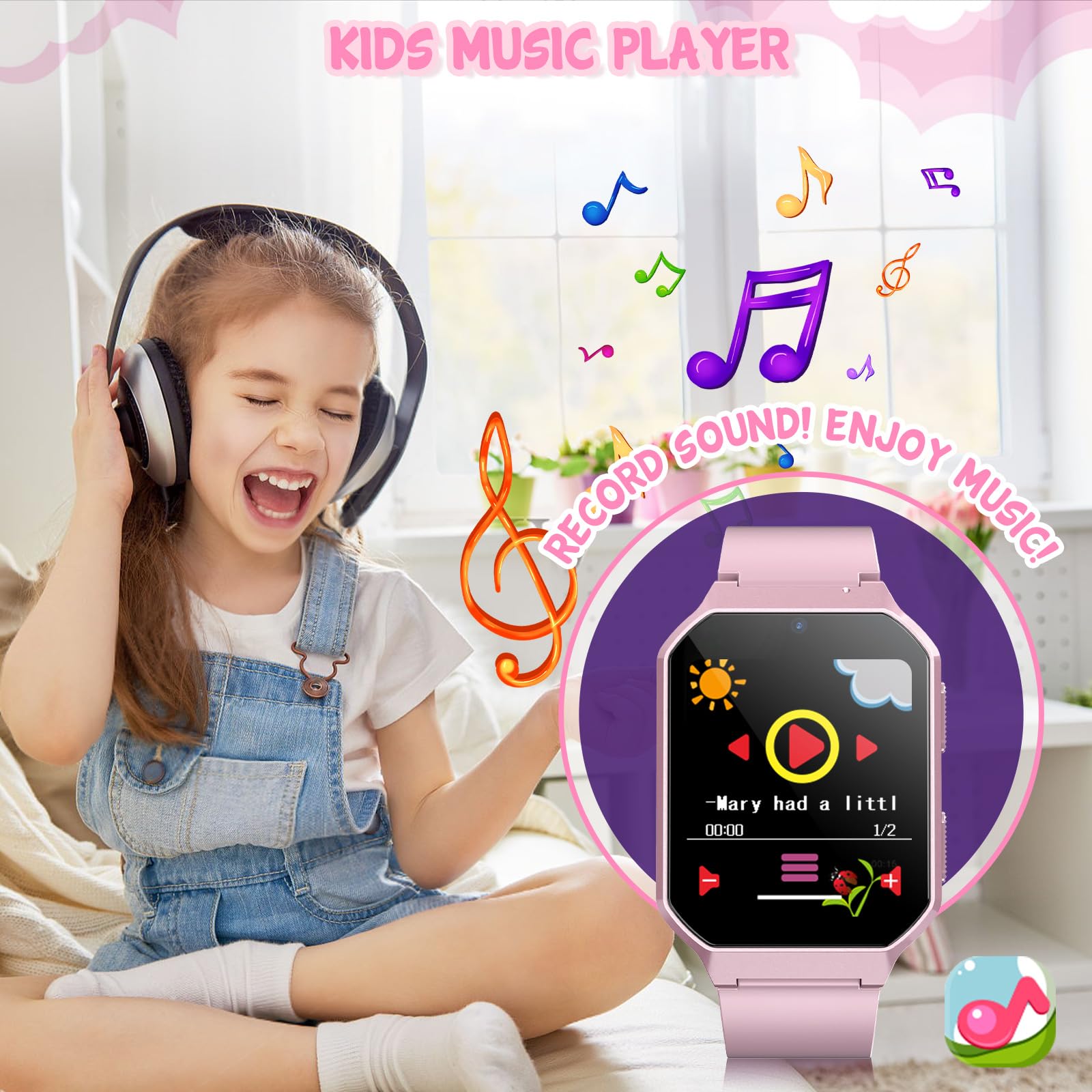 Derui Smart Watch For Kids 3 12 Years Boys Girls, 26 Puzzle Games, Smartwatch With Camera, Pedometer, Stopwatch, Video Voice Music Player Calendar Alarm Clock Learn Card For Children Gifts (Pink)