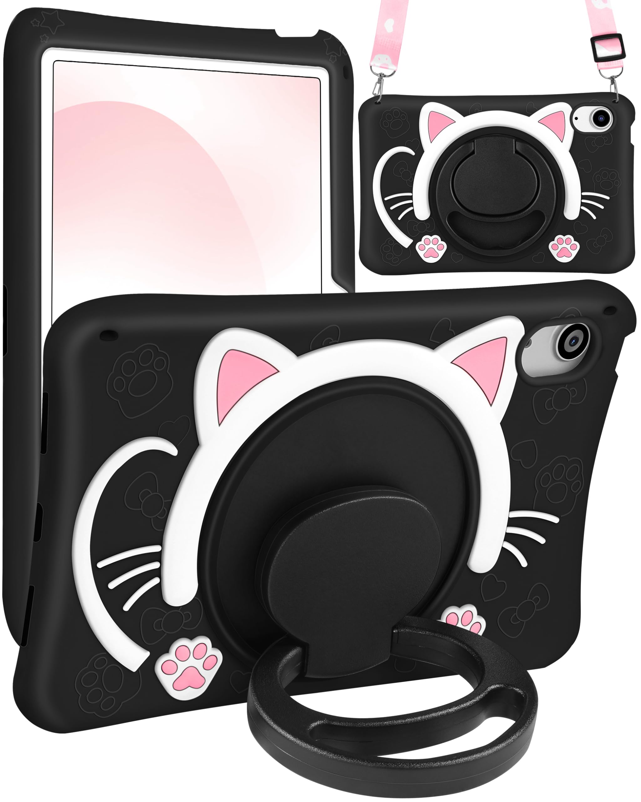 Wazzasoft For Ipad Mini 6 Case 8.3 Inch Girls Cute Black Cat Cover Girly Kawaii 3D Cartoon Women Kitten With Rotating Handle Sta