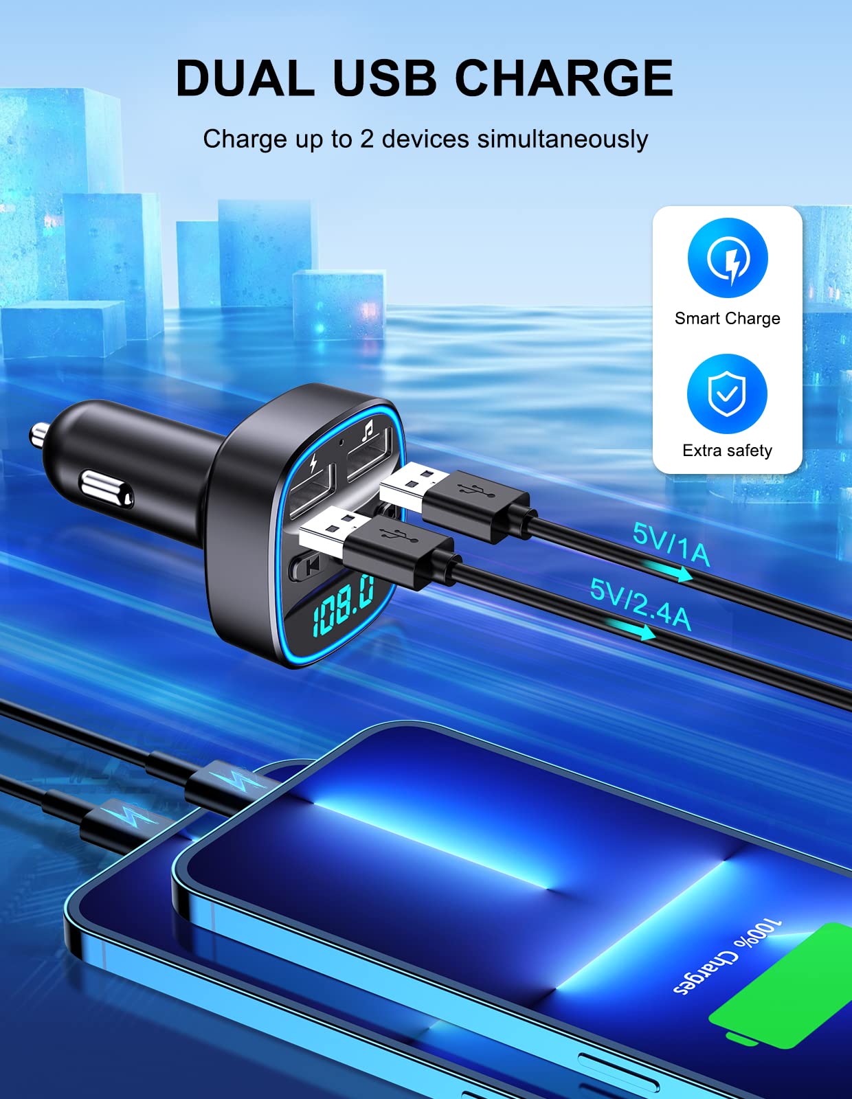 [Upgraded] Comsoon Bluetooth Fm Transmitter For Car, Bluetooth Car Adapter Mp3 Player Fm Transmitter, Hands Free Calling, Dual U