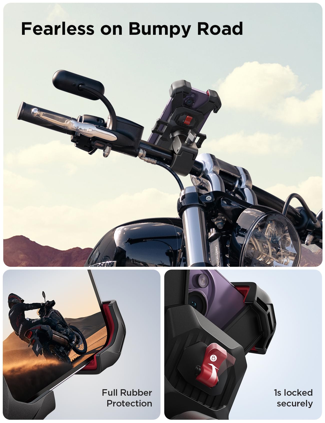 Joyroom Motorcycle Phone Mount, [1S Auto Lock][100Mph Military Anti Shake] Bike Phone Holder For Bicycle, [10S Quick Install] Ha