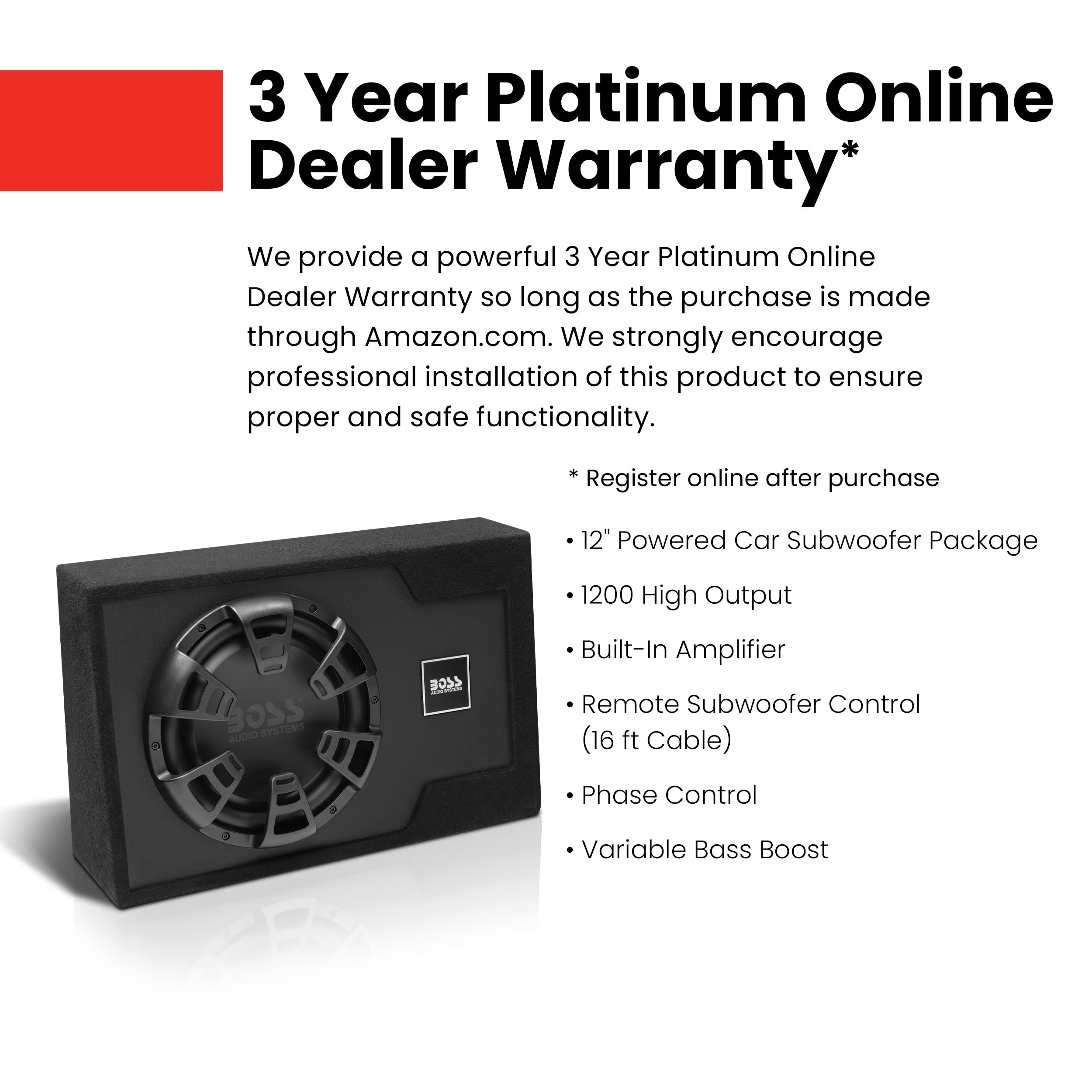 Boss Audio Systems B12Es 12 Inch Powered Car Subwoofer Package   1200 High Output, Built In Amplifier, Low Profile, Remote Subwo