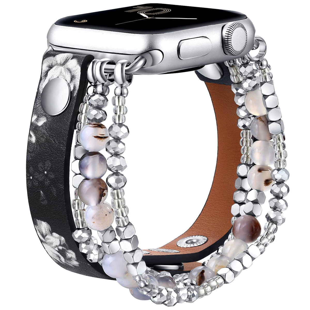 Fastgo Bracelet Band Leather Compatible With Apple Watch 42Mm 44Mm 45Mm 49Mm Women, Cute Elastic Beaded Floral Strap For Iwatch