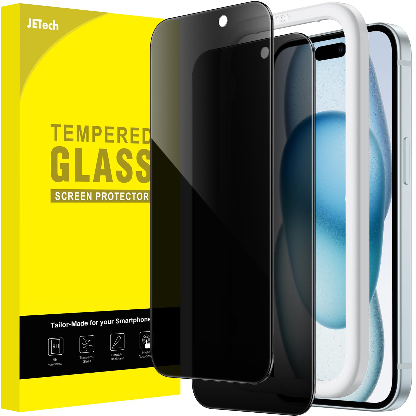 Jetech Privacy Screen Protector For Iphone 15 Plus 6.7 Inch, Anti Spy Tempered Glass Film With Easy Installation Tool, 2 Pack
