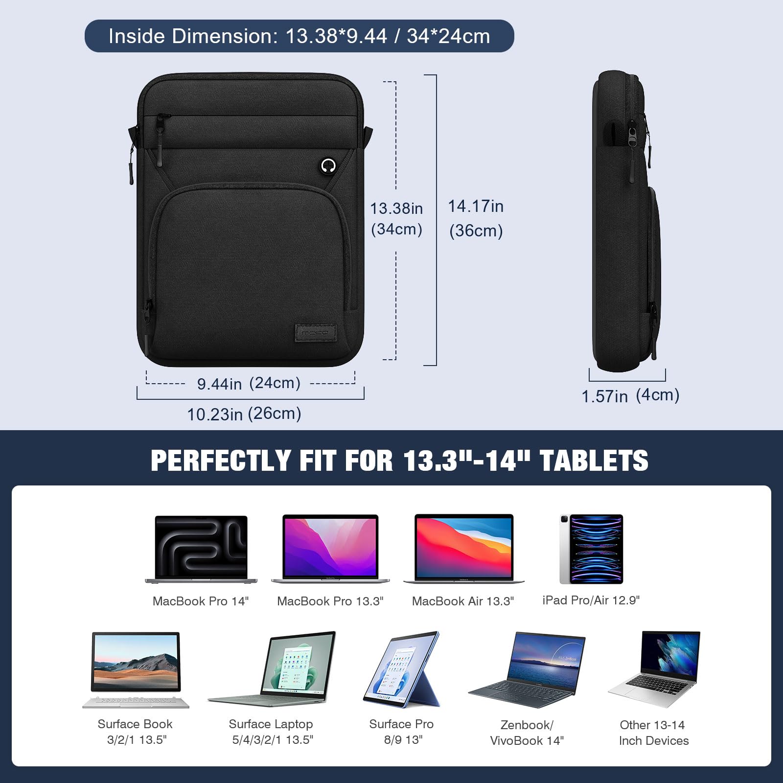 MoKo 13 14 Inch Laptop Sleeve Bag, Fits MacBook Air 13/13.3/13.6 Inch M2/M3, MacBook Pro 13/14 Inch M1/M2/M3, Surface Pro 9/8 13', Multifunctional Bag with Shoulder and Headphone Port, Black