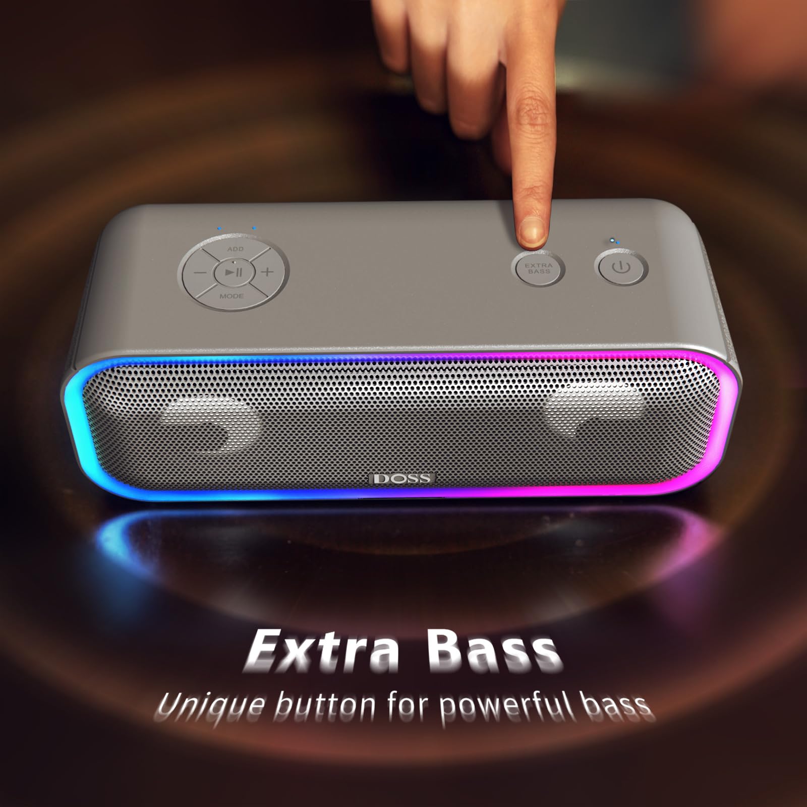 Doss Soundbox Pro+ Bluetooth Speaker With 24W Impressive Sound, Booming Bass, Ipx6 Waterproof, 15Hrs Playtime, Wireless Stereo Pairing, Mixed Colors Lights, 66 Ft  Grey
