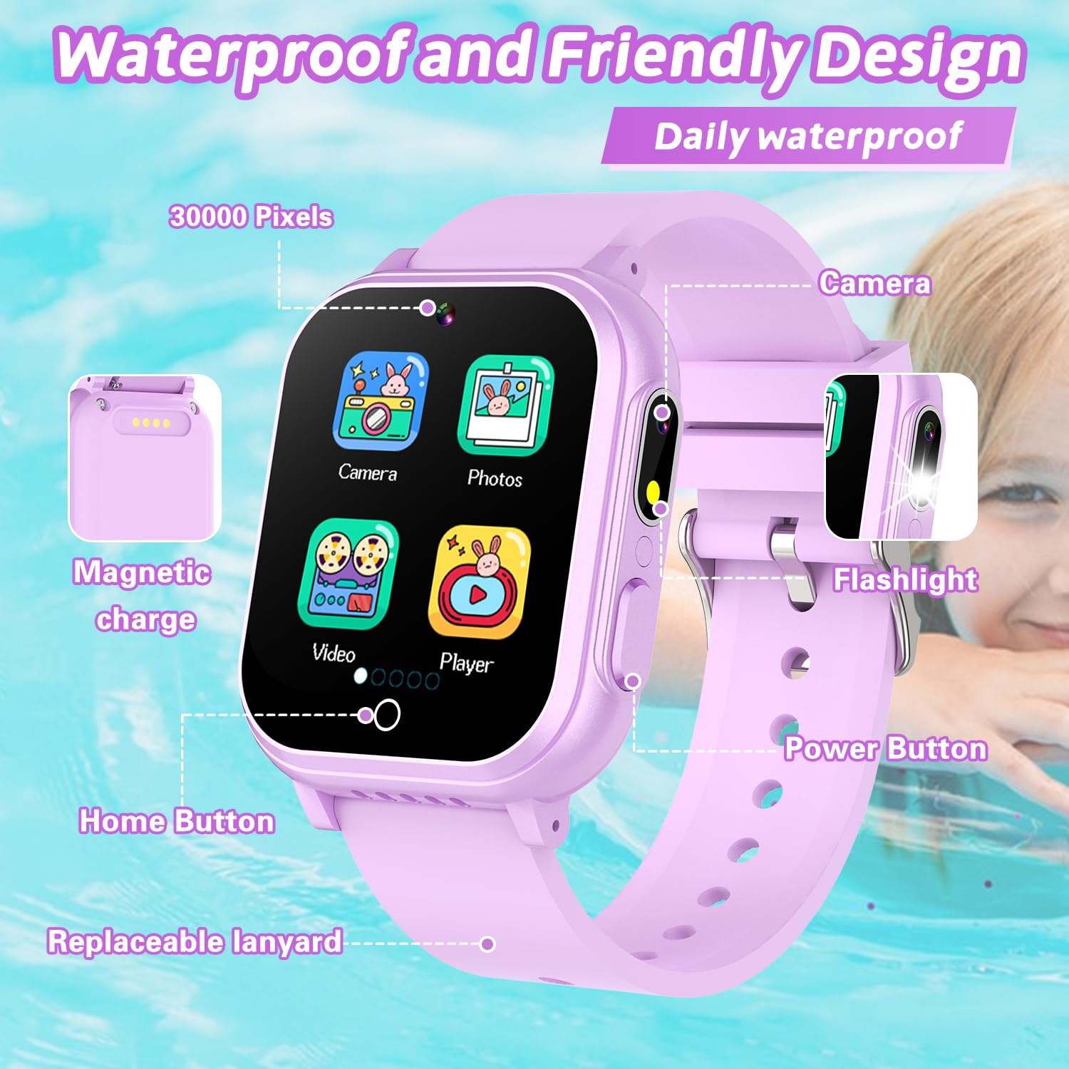 Kids Waterproof Smart Watch Gift For Girls Age 5-12, 32 Games Hd Touchscreen Kids Watch With Dual Camera Video Music Player Pedo