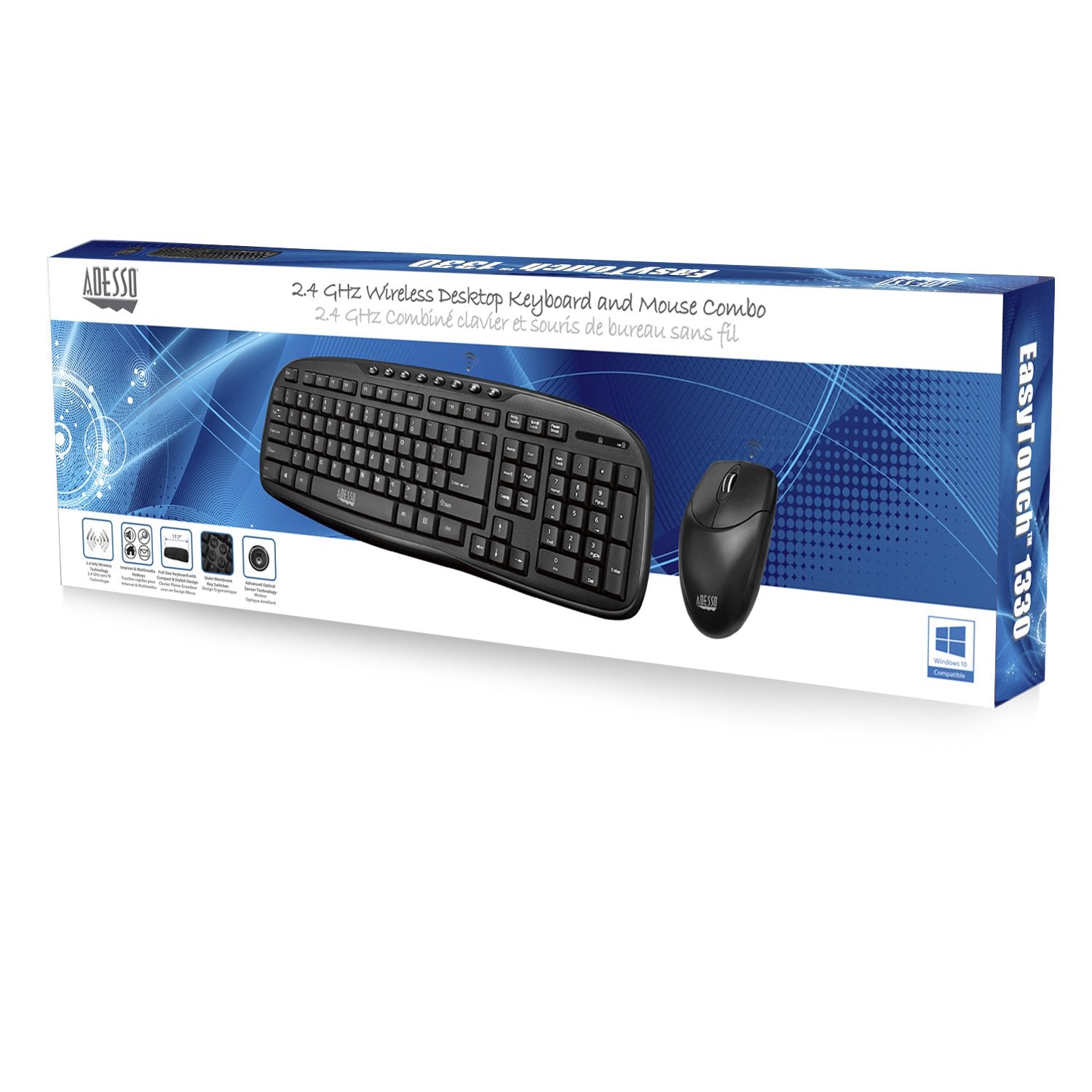 Adesso Wkb-1330Cb - Wireless Keyboard And Mouse Combo, Desktop Keyboard, Ambidextrous Mouse, Multimedia Hotkeys, Long Battery Li