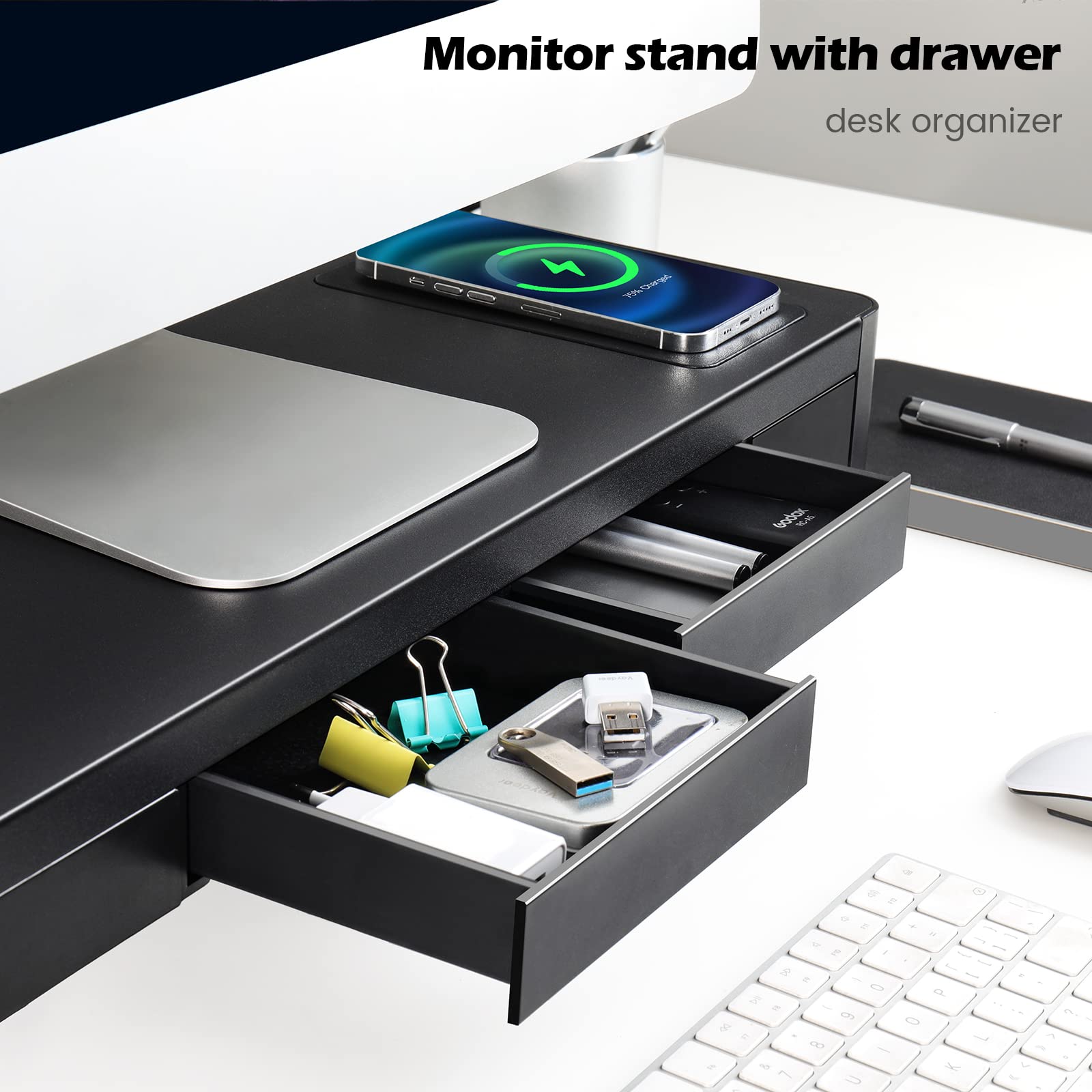 Meatanty 3 In 1 Monitor Stand Riser With 2 Drawers,1 Wireless Charging Module And 4 Usb Ports,Metal Computer Stand Support Trans