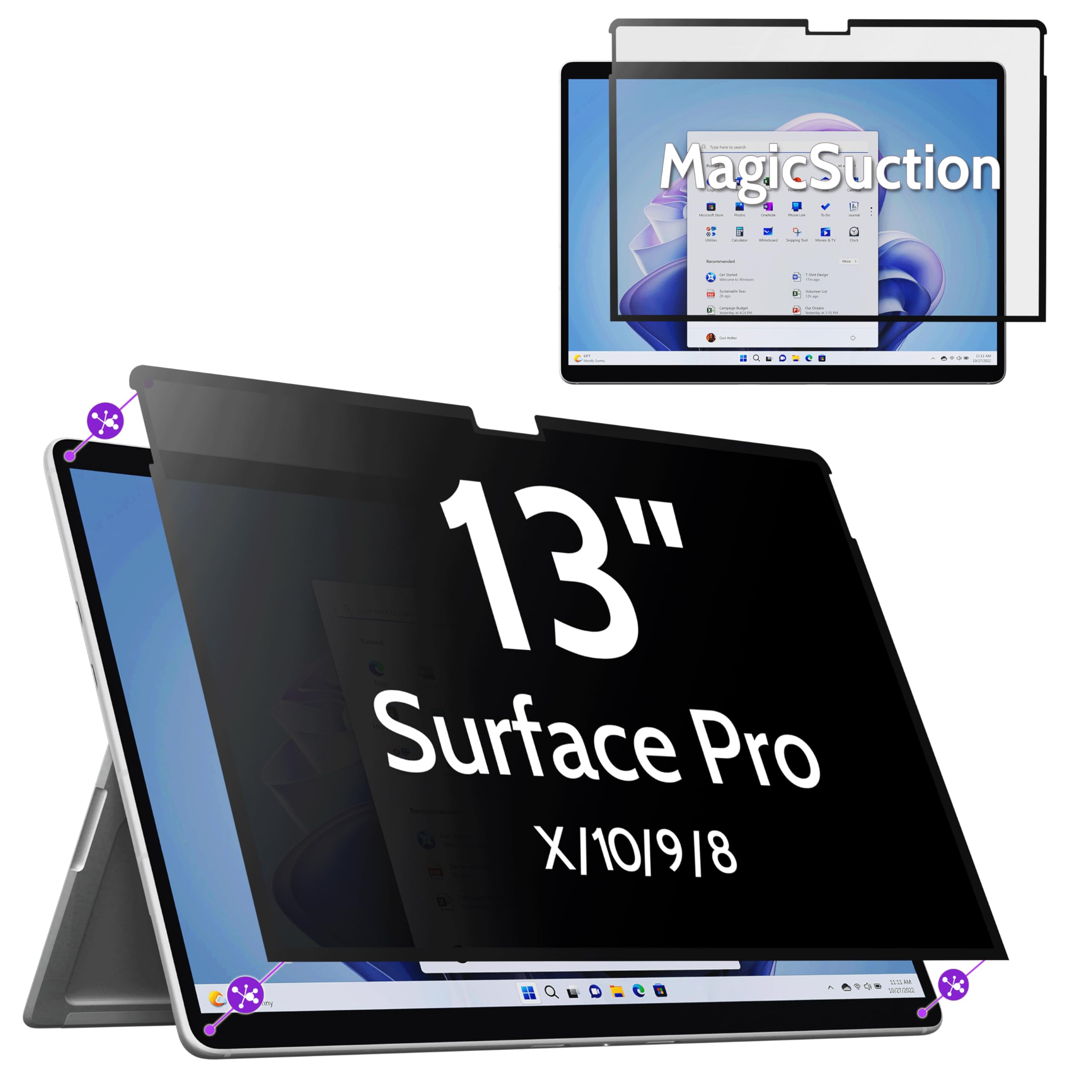 Peslv Privacy Screen For 13 Inch Surface Pro 11/10/9/8/X, Magicsuction Removable Anti Spy Black Protector, Glare Blue Light Filt