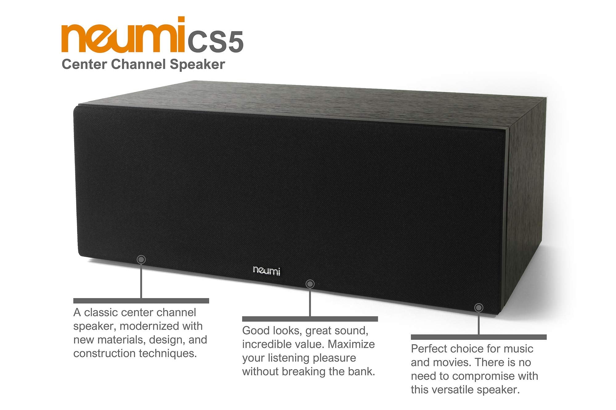 Neumi Cs5 Center Channel Speaker, Dual 5-Inch Woofers, 1-Inch Tweeter, Dark Wood, Single