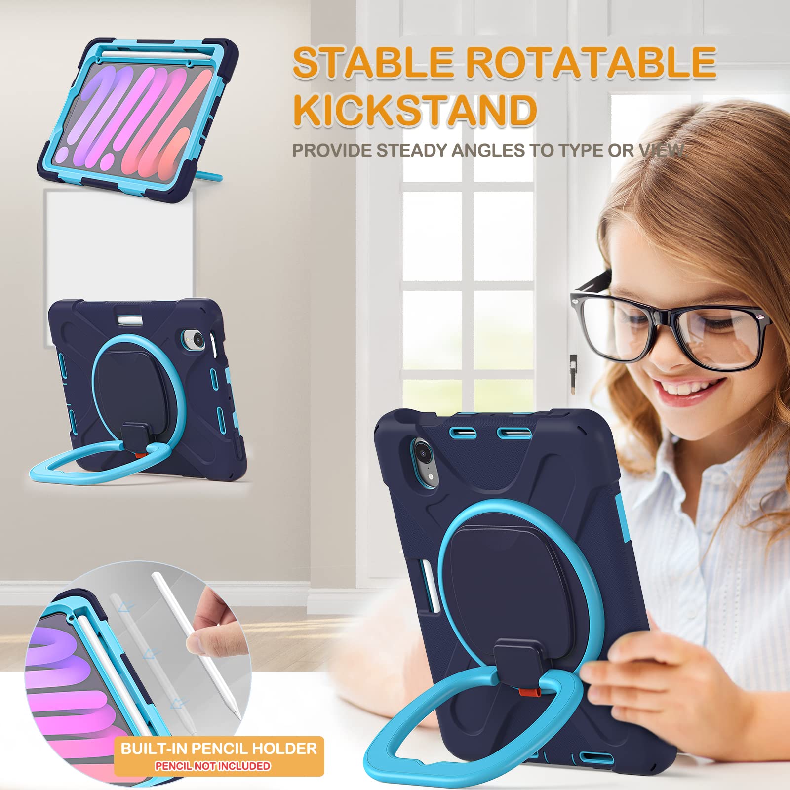 Braecn For Ipad Mini 6 2021 Case With Screen Protector  Protective Silicone Rugged Cover With Pencil Holder, Handle Grip, Should