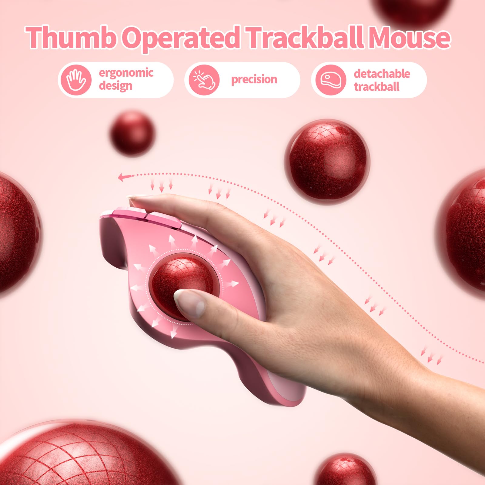 Wireless Trackball Mouse, Bluetooth Ergonomic Mouse   Rollerball Mouse Rechargeable Multi Devices Usb/Bluetooth Connection Thumb Control Mouse Compatible For Mac/Android/Windows Computers, Pink