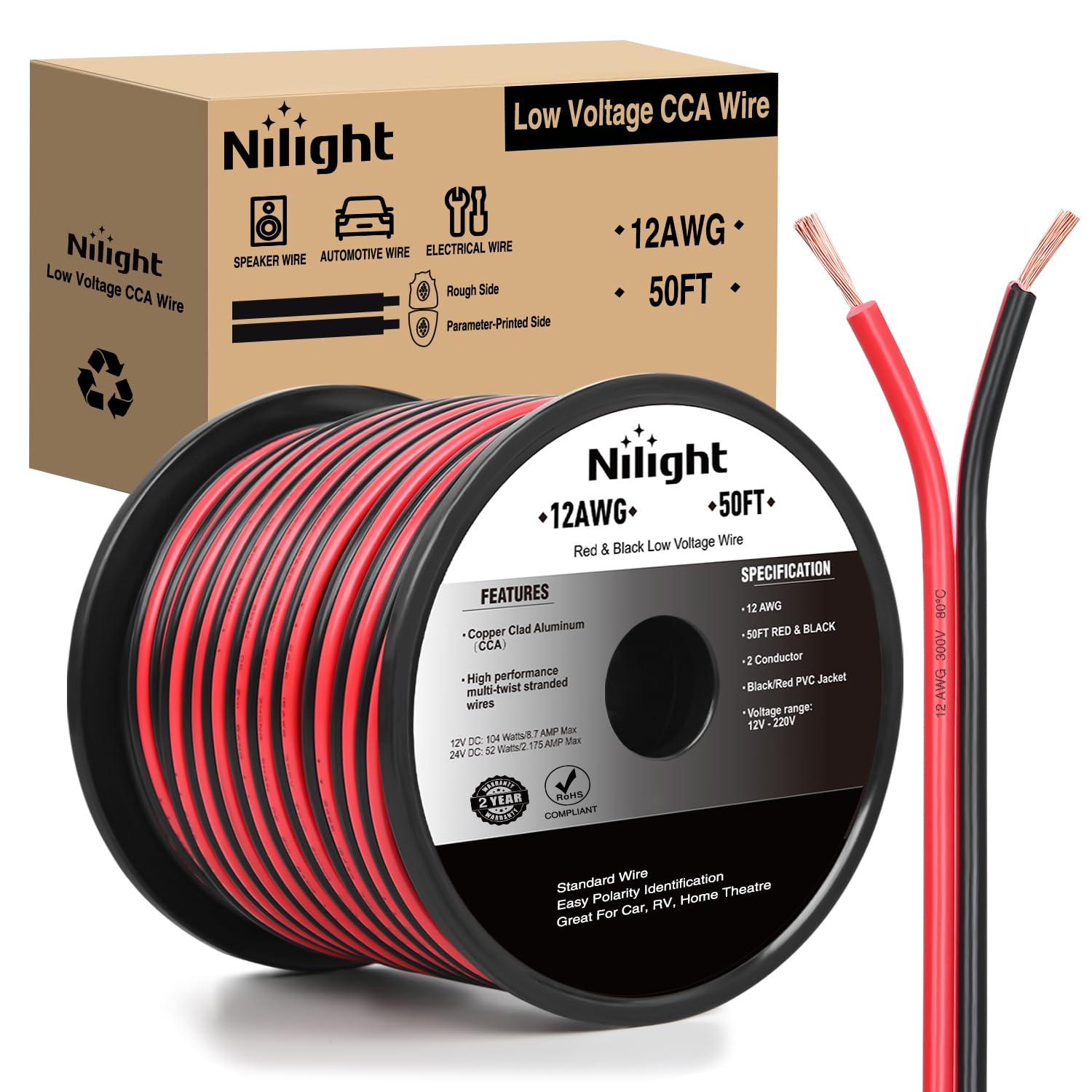Nilight 50Ft 12Awg Copper Clad Aluminum Wire 12/2 Gauge Red Black Cca Electrical Cable 2 Conductor Parallel 12V/24V Dc Flexible