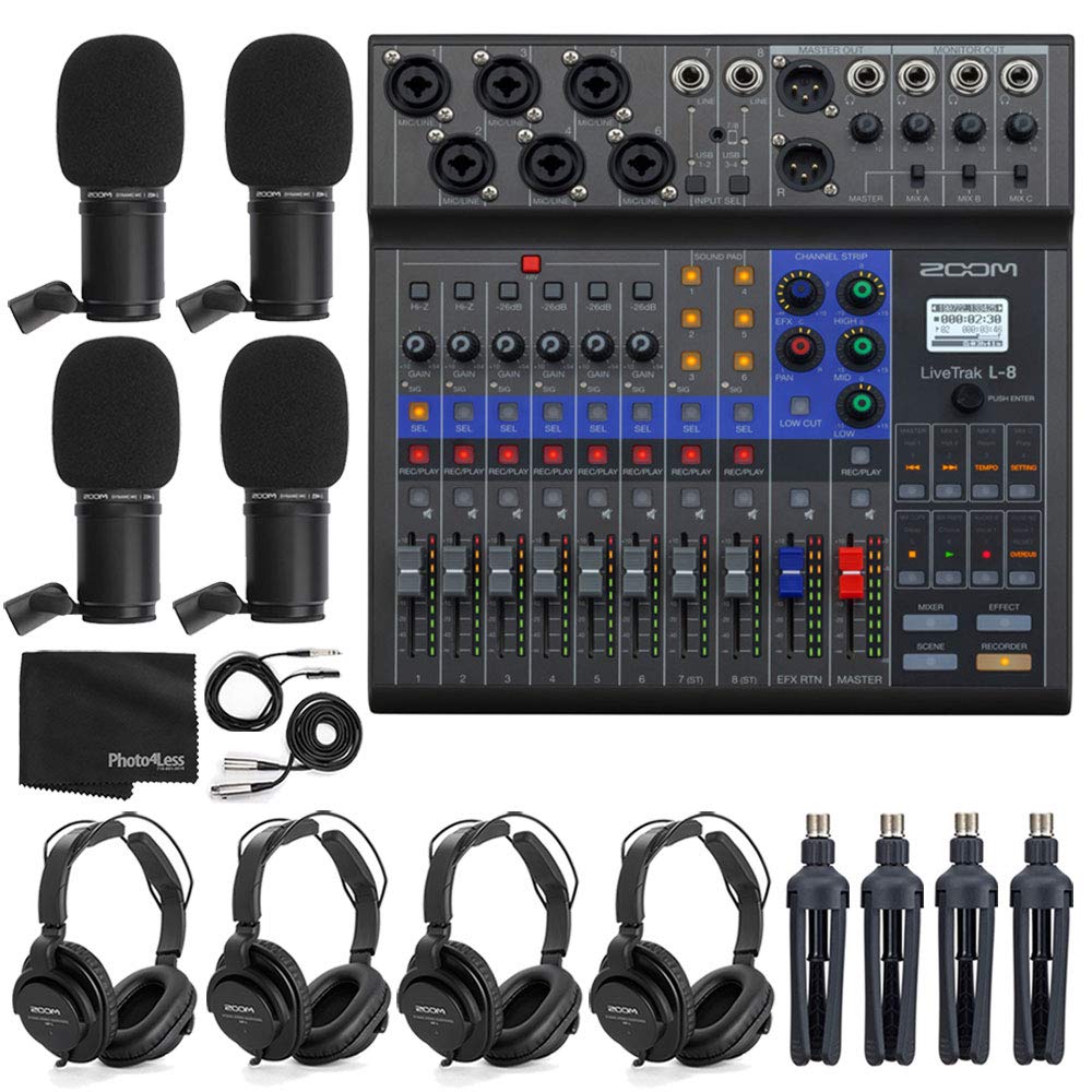 Zoom LiveTrak L-8 Portable 8-Channel Digital Mixer and Multitrack Recorder Bundle with 4x Zoom ZDM-1 Mic with Headphones, Windsc