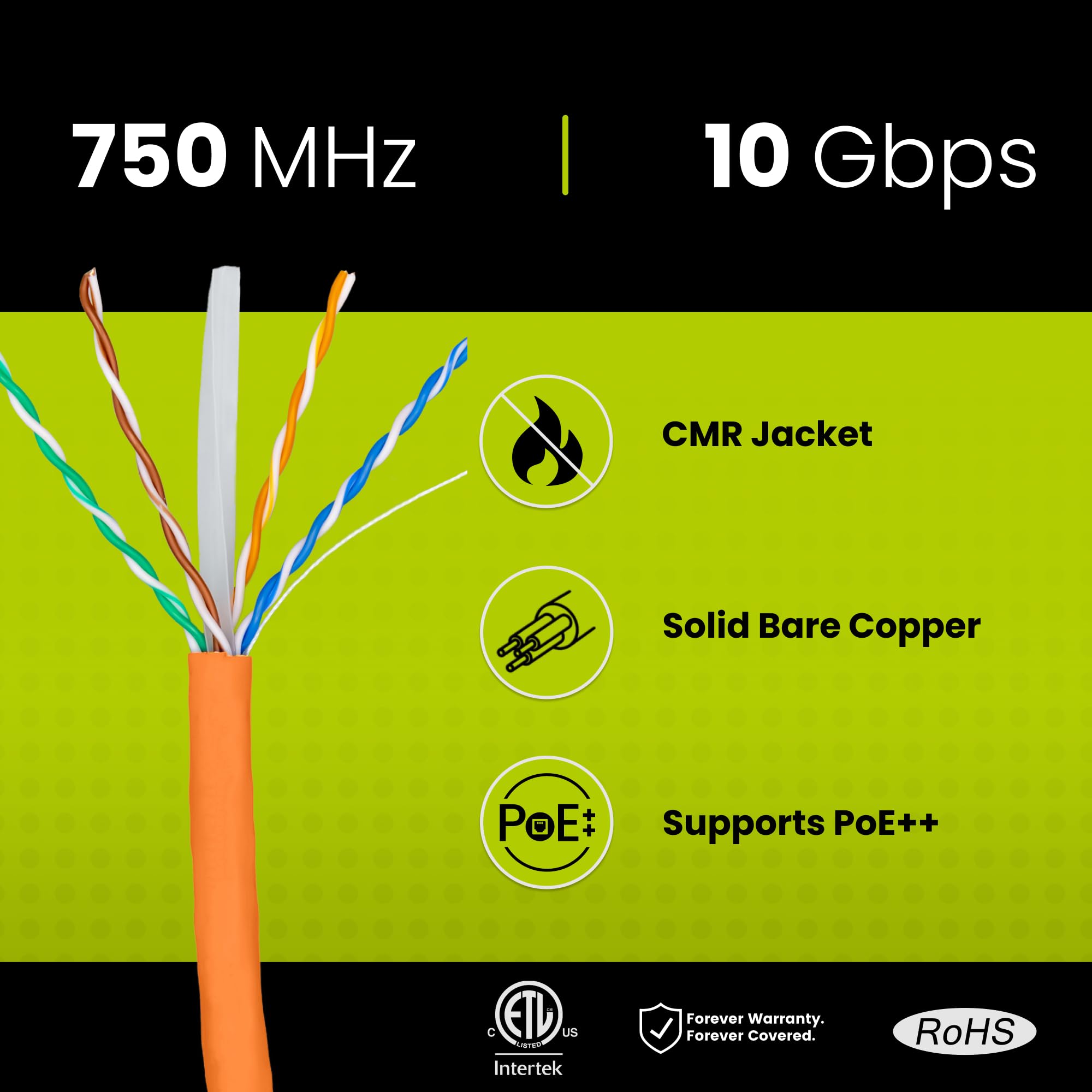 Truecable Cat6A Riser (Cmr), 1000Ft, Orange, 23Awg 4 Pair Solid Bare Copper, 750Mhz, Poe++ (4Ppoe), Etl Listed, Unshielded Twisted Pair (Utp), Bulk Ethernet Cable
