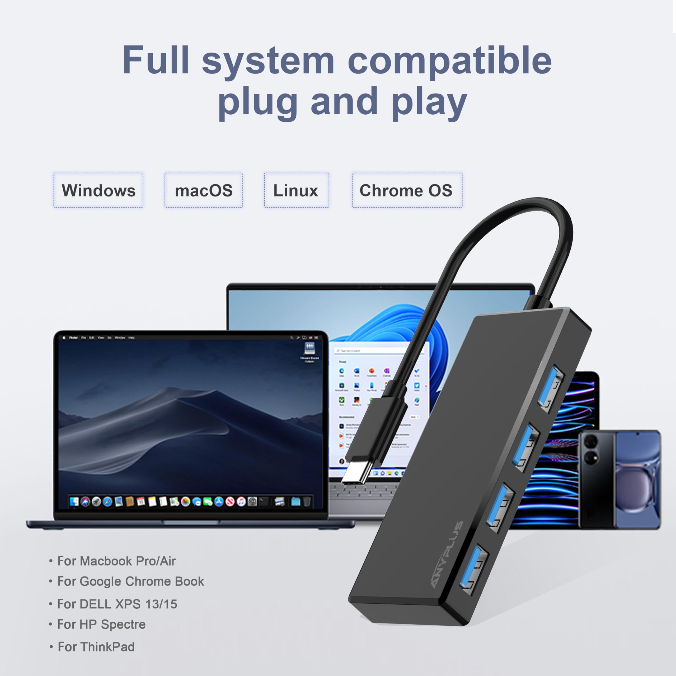 Anyplus Usb C Hub, 4 Ports Usb 3.0 Hub Splitter With 5Gbps Data Transfer, Usb C Splitter For Type C Macbook, Mac Pro, Imac, Surf