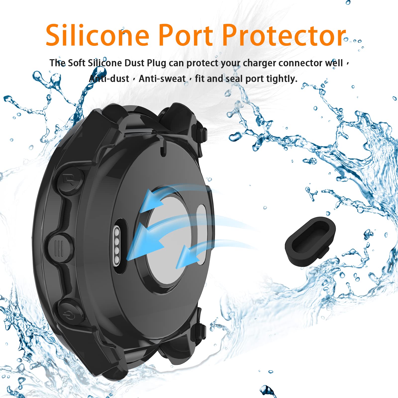 Suoman 2+6 Pack For Garmin Forerunner 965 Screen Protector Case + Charger Port Protector, Anti Dust Plugs + Tempered Glass Full