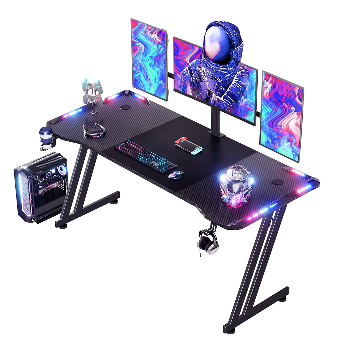 Hldirect 63 Inch Gaming Desk With Led Lights Carbon Fibre Surface Gaming Table Large Computer Desk Ergonomic Home Office Desks Z