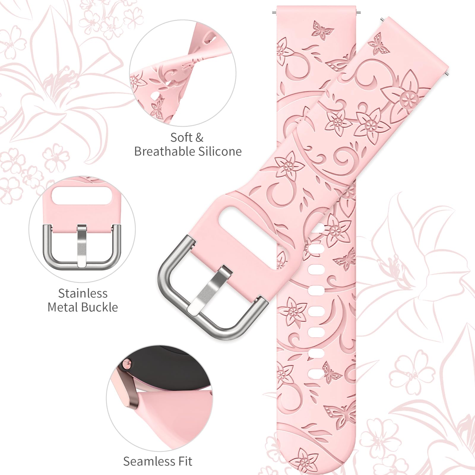 Supernana Floral Design 3 Pack Samsung Galaxy Watch Bands For Women, Elegant Butterfly And Wildflower Engravings, 20Mm Width, Qu