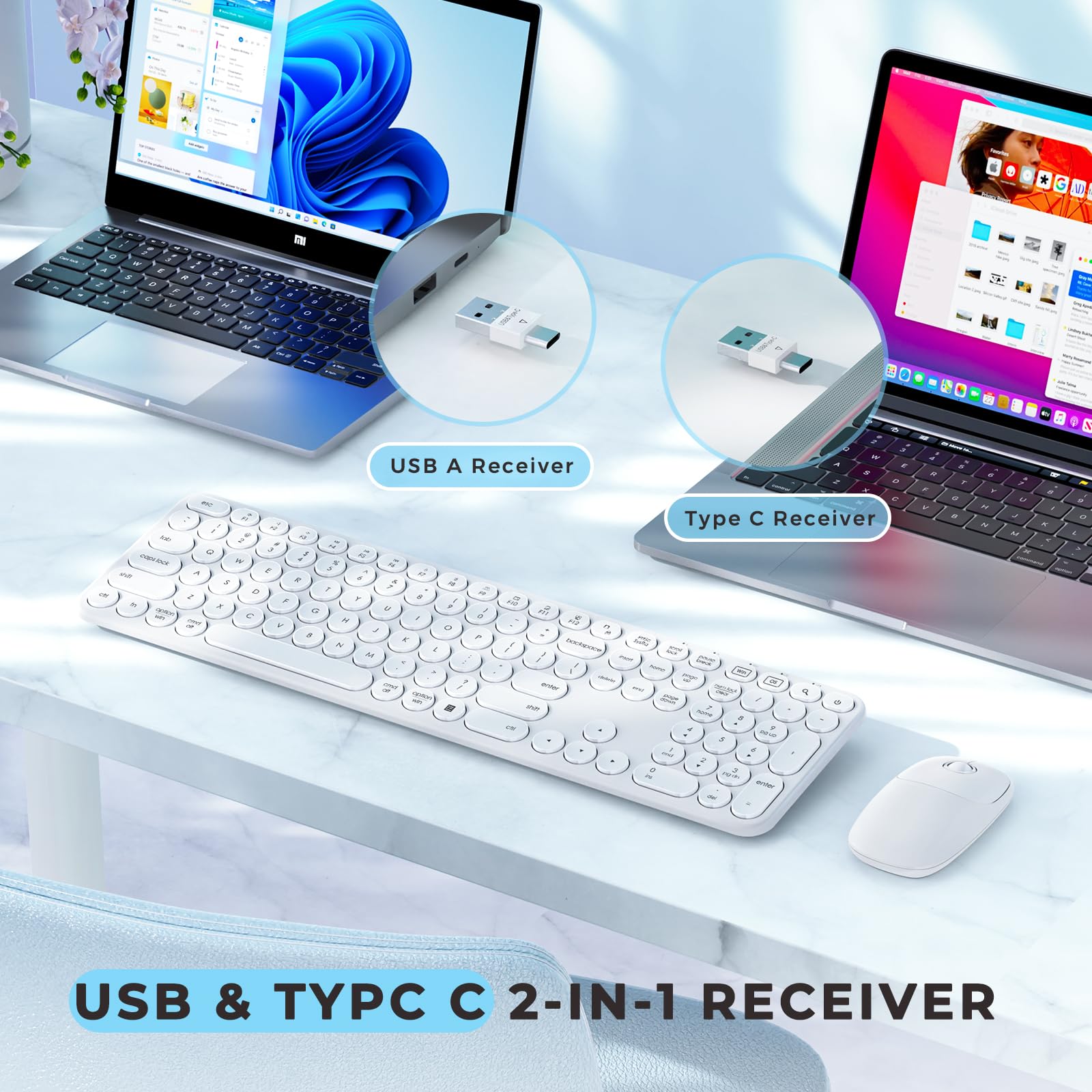Seenda Wireless Keyboard And Mouse, Usb & Type C 2 In 1 Receiver, Full Size White Wireless Keyboard Mouse Combo, Compatible For Windows 7/8/10/11, Macbook Pro/Air, Laptop, Desktop, Pc   White
