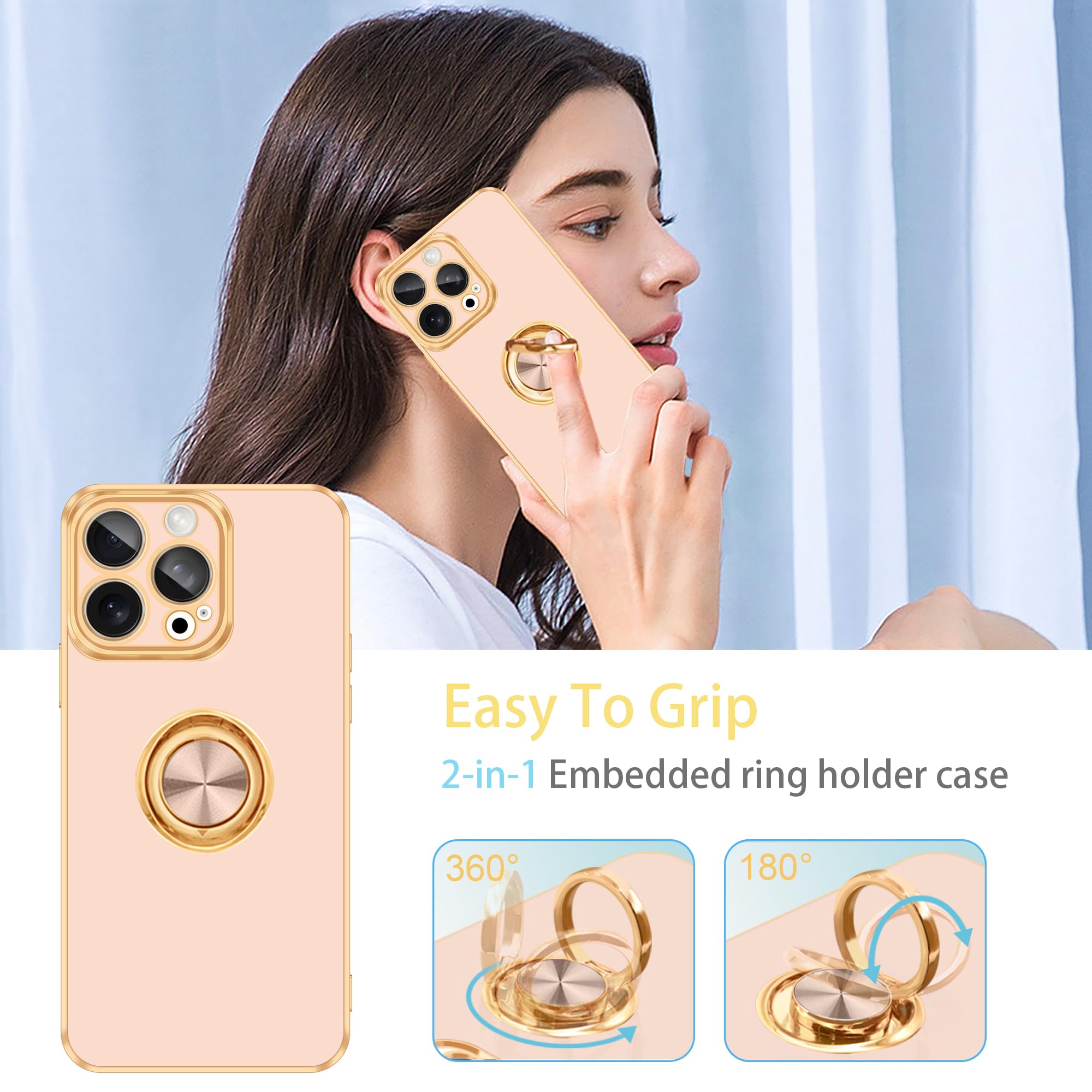 Fingic For Iphone 16 Pro Phone Case[With 360Ring Holder][Support Magnetic Car Mount]Cute Kickstand Slim Women Girls Nonslip Hard