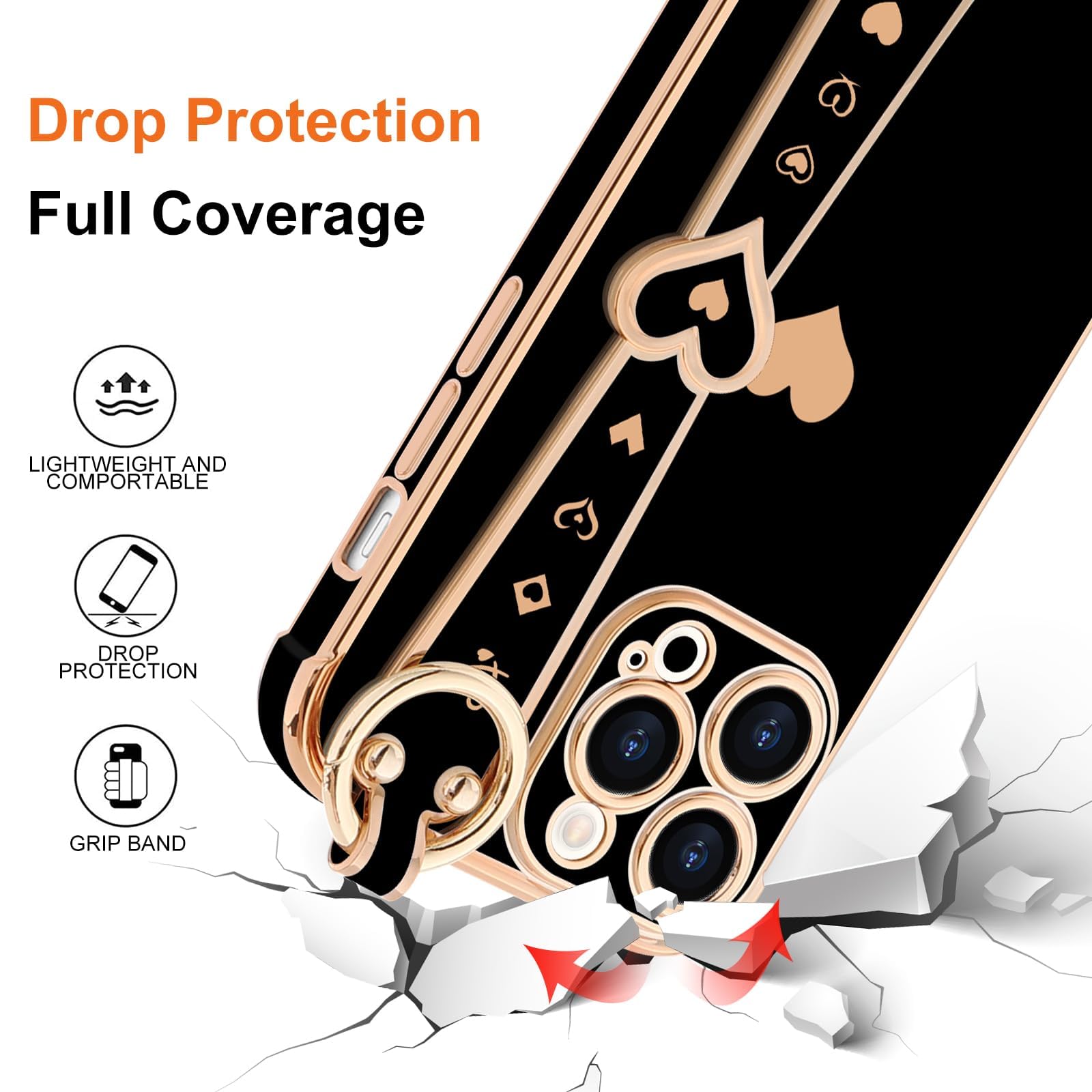 Llz.Coque For Iphone 15 Pro Max Case With Strap For Women Girls [2   Screen Protectors], Cute Love Hearts Design, Wristband Kick