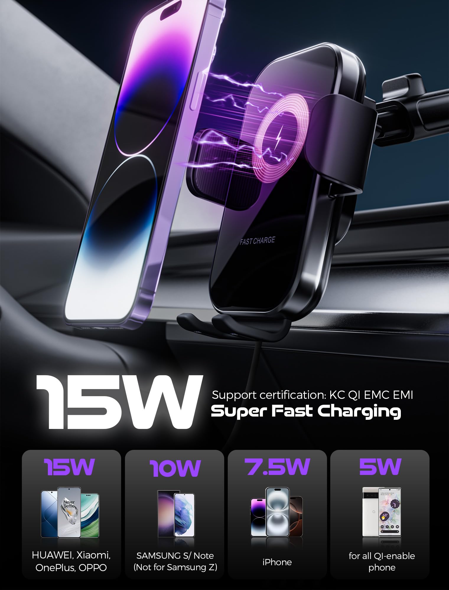 Wireless Car Charger, Gliship Ultra New Model 15W Fast Charging Auto Clamping Car Charger Holder Dashboard Windshield Air Vent P